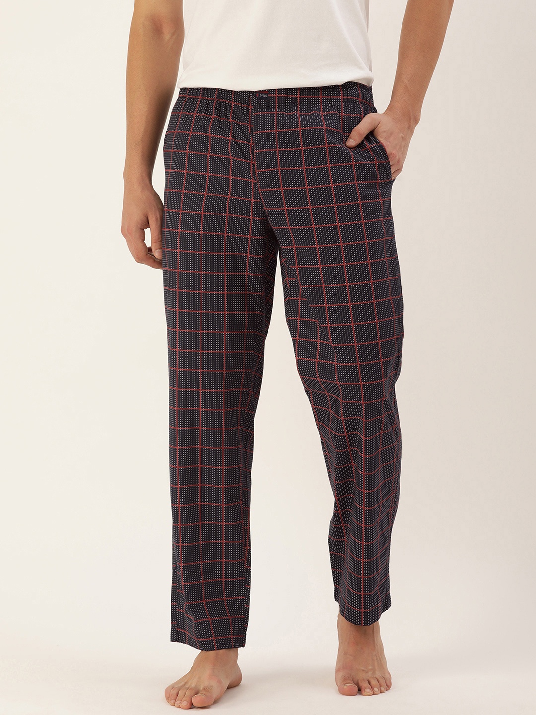 

IVOC Men Navy Blue & Red Checked Pure Cotton Lounge Pants