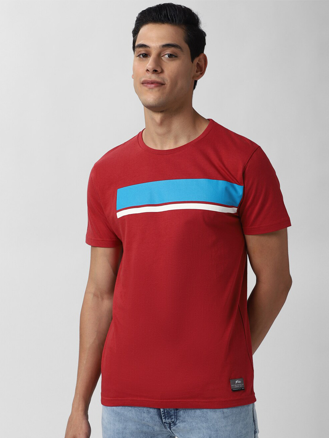 

Peter England Casuals Men Red Blue Striped Slim Fit Cotton Pure Cotton T-shirt