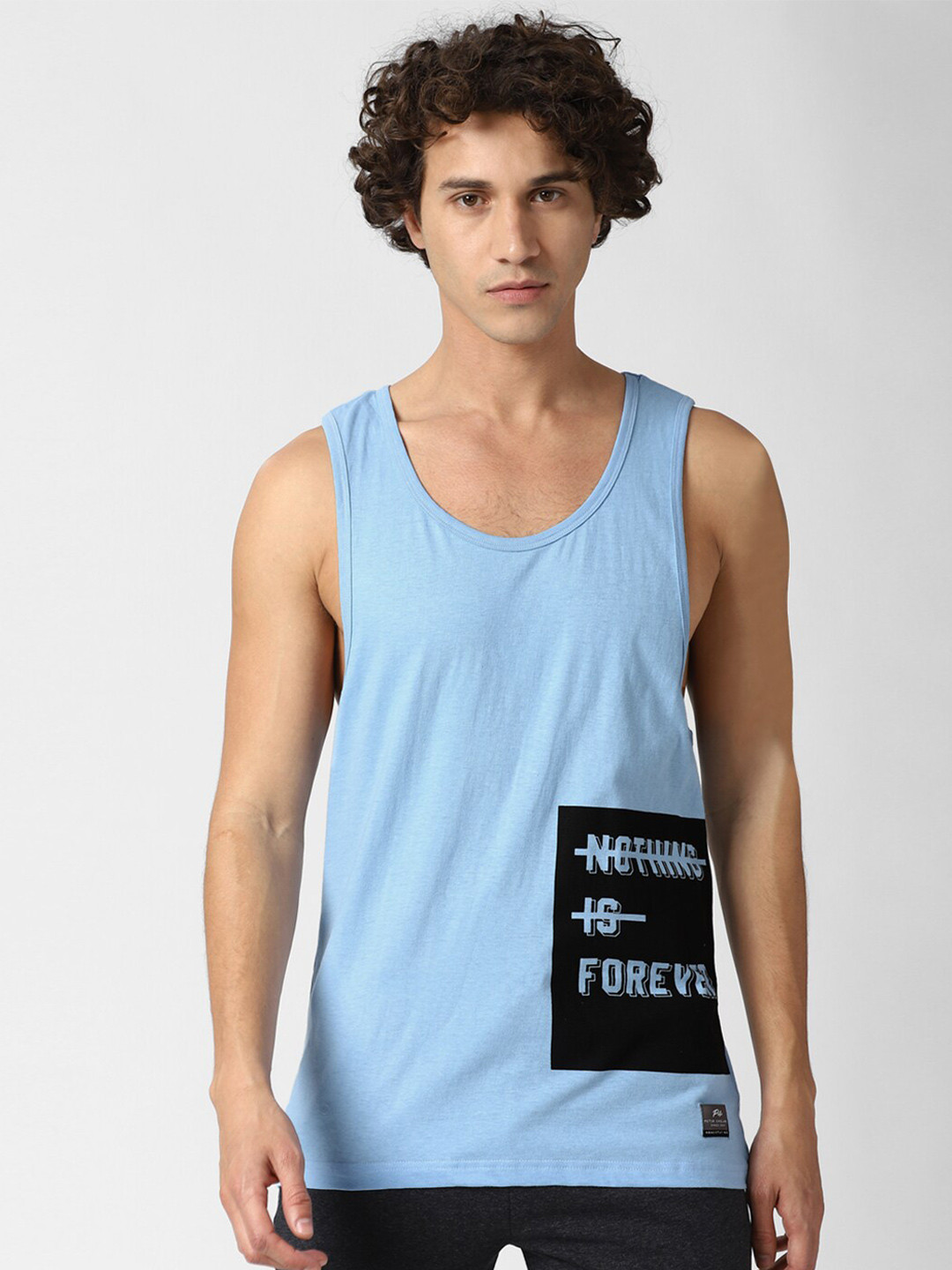 

Peter England Casuals Men Blue Black Typography Printed Slim Fit Cotton Pure Cotton T-shirt