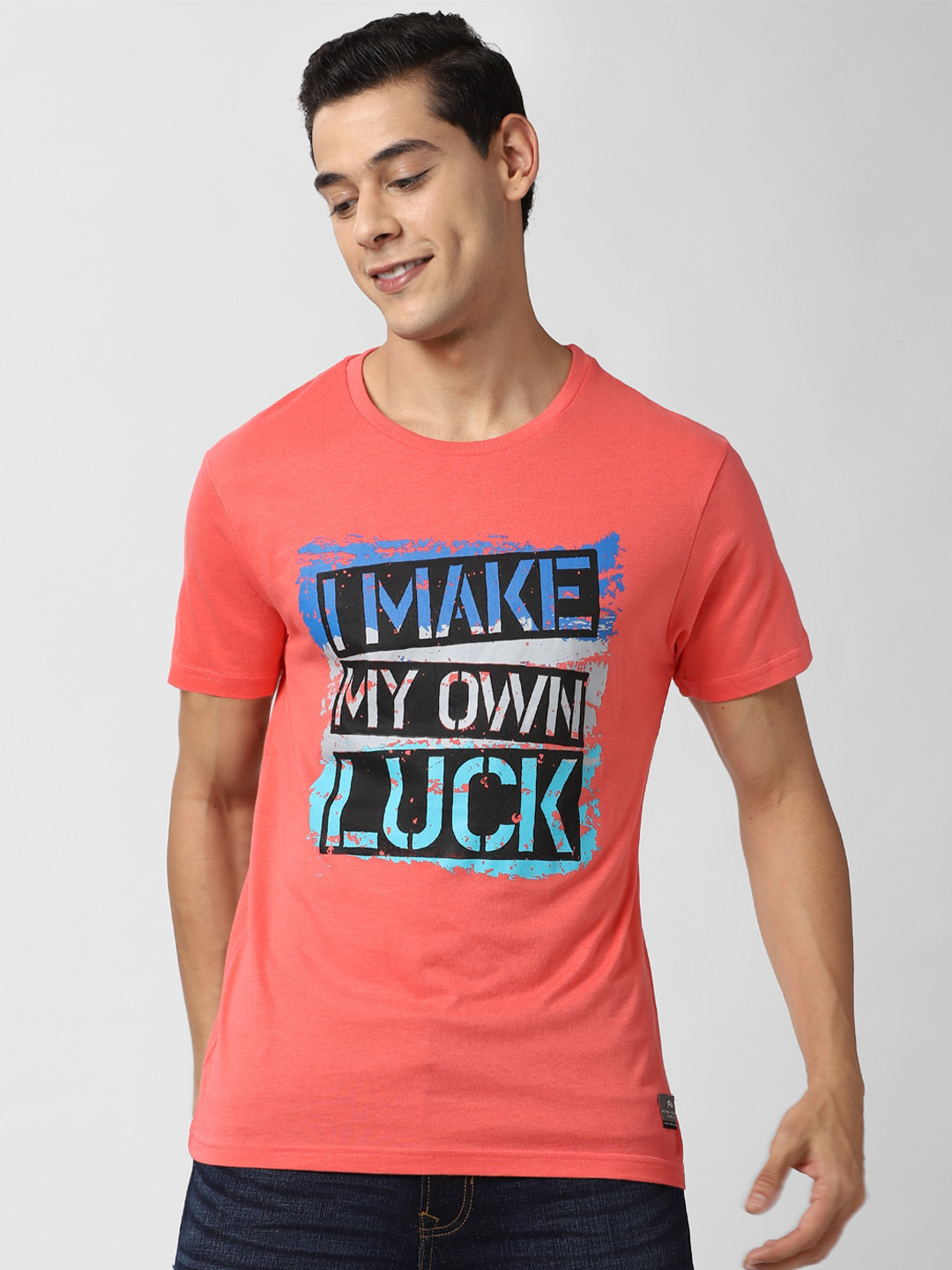 

Peter England Casuals Men Coral Black Typography Printed Slim Fit Cotton Pure Cotton T-shirt