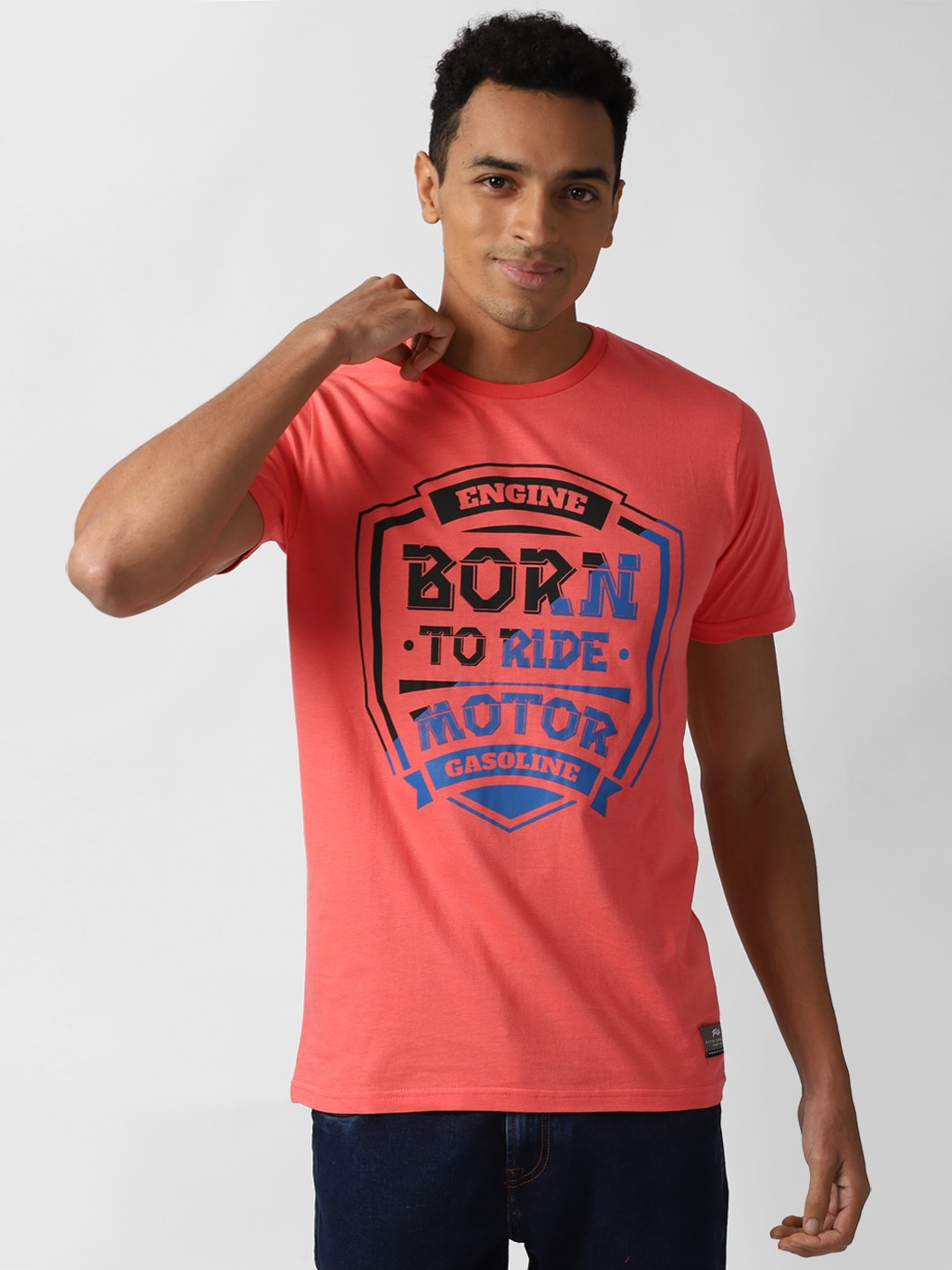 

Peter England Casuals Men Coral Black Typography Printed Slim Fit Pure Cotton T-shirt