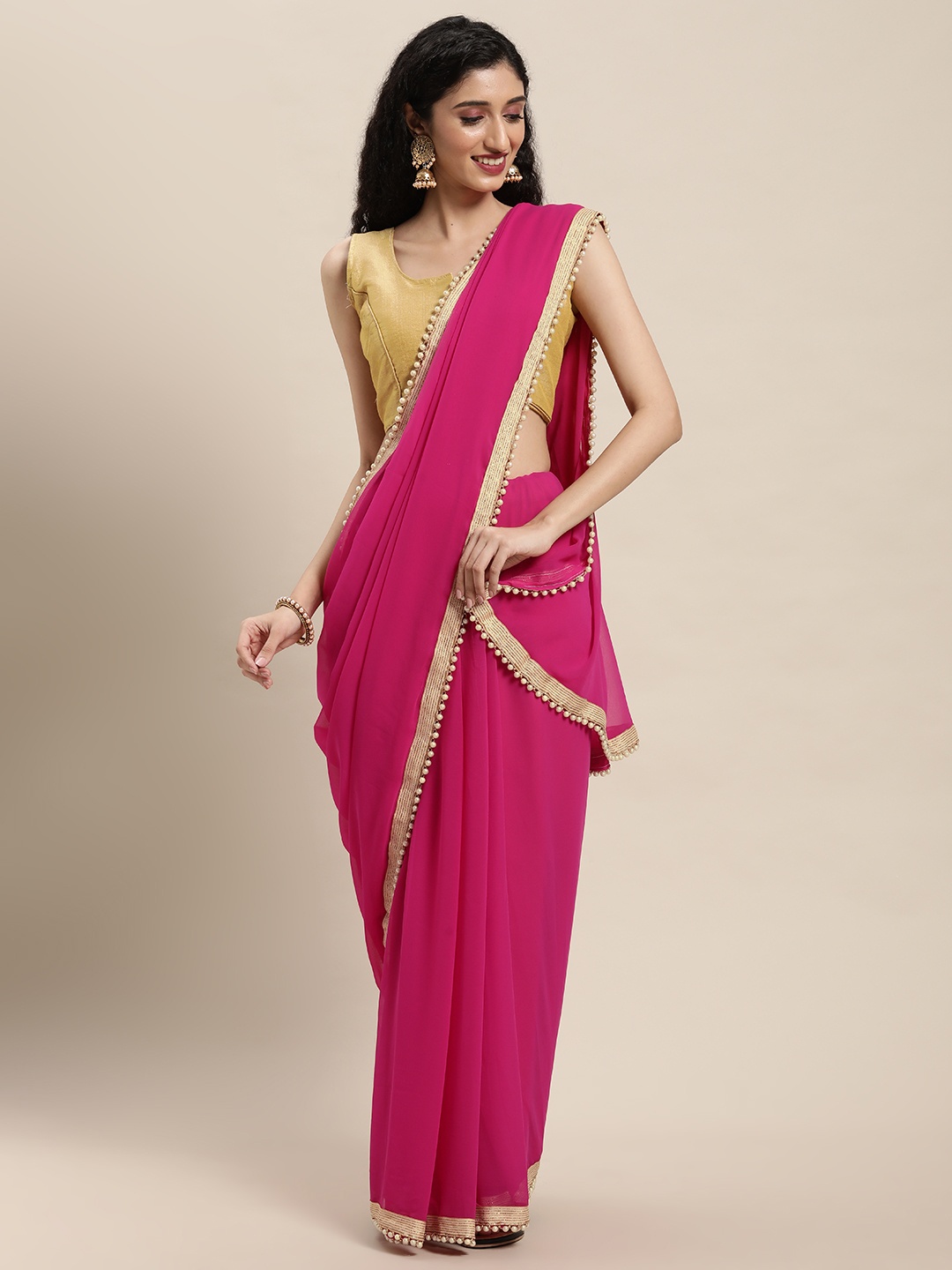 

Mitera Pink Beads and Stones Poly Georgette Saree