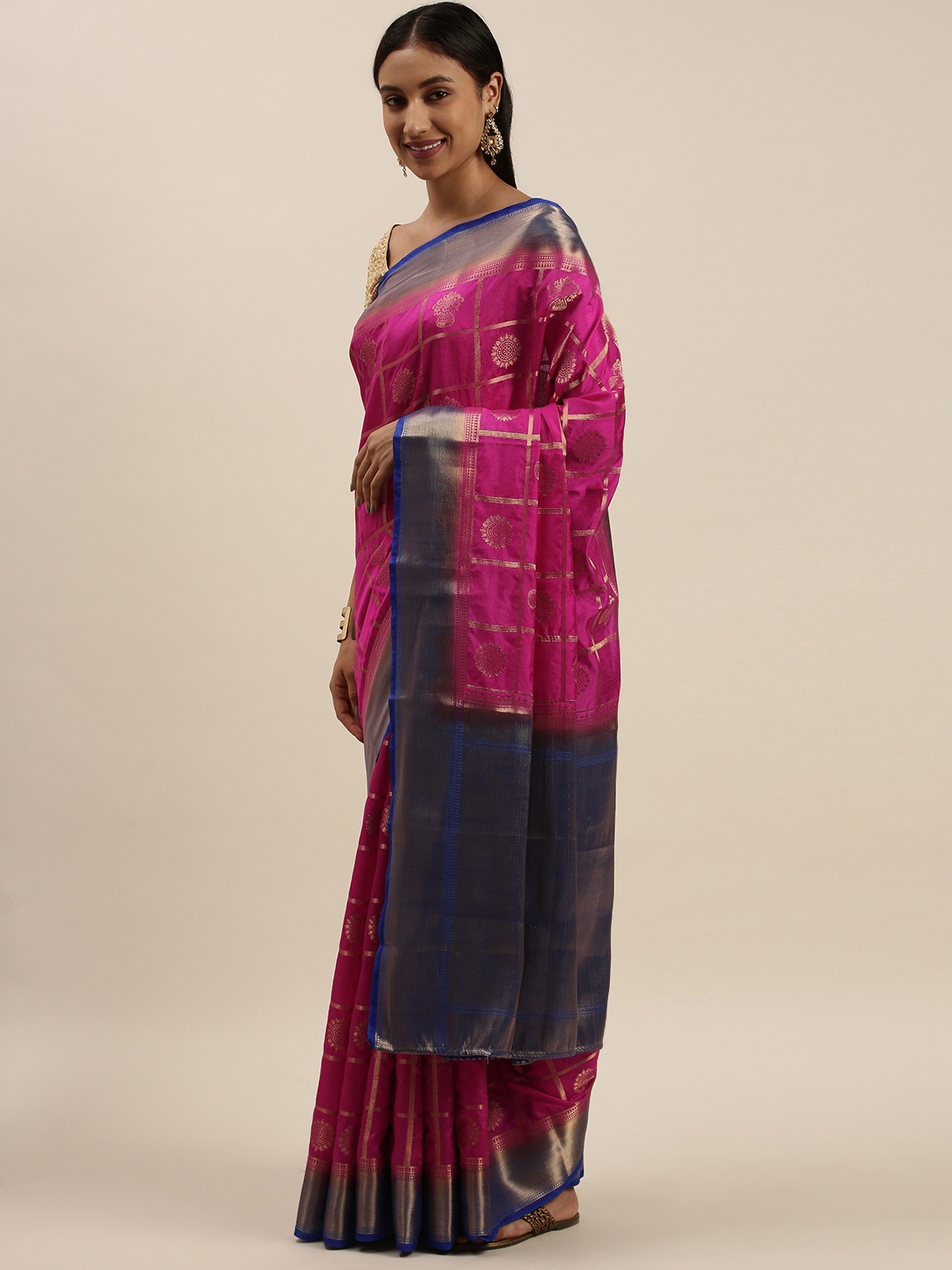 

Mitera Fuchsia & Gold Ethnic Motifs Silk Blend Saree