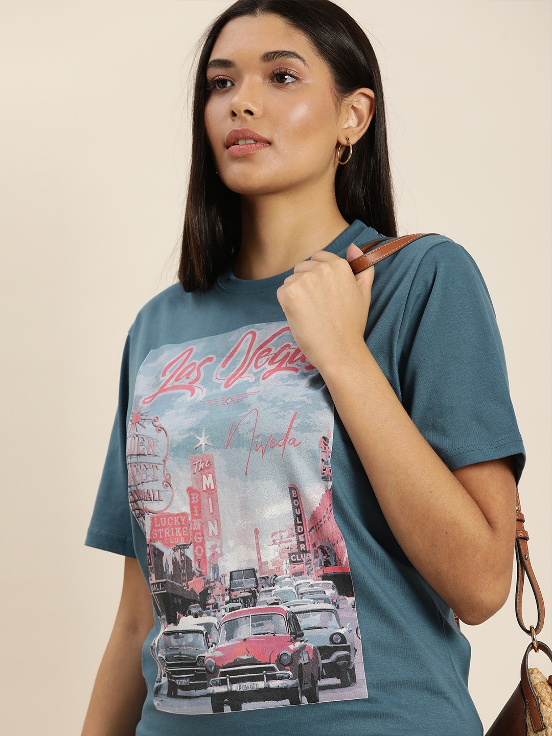 

DILLINGER Women Teal Blue Graphic Printed Pure Cotton Oversized T-shirt