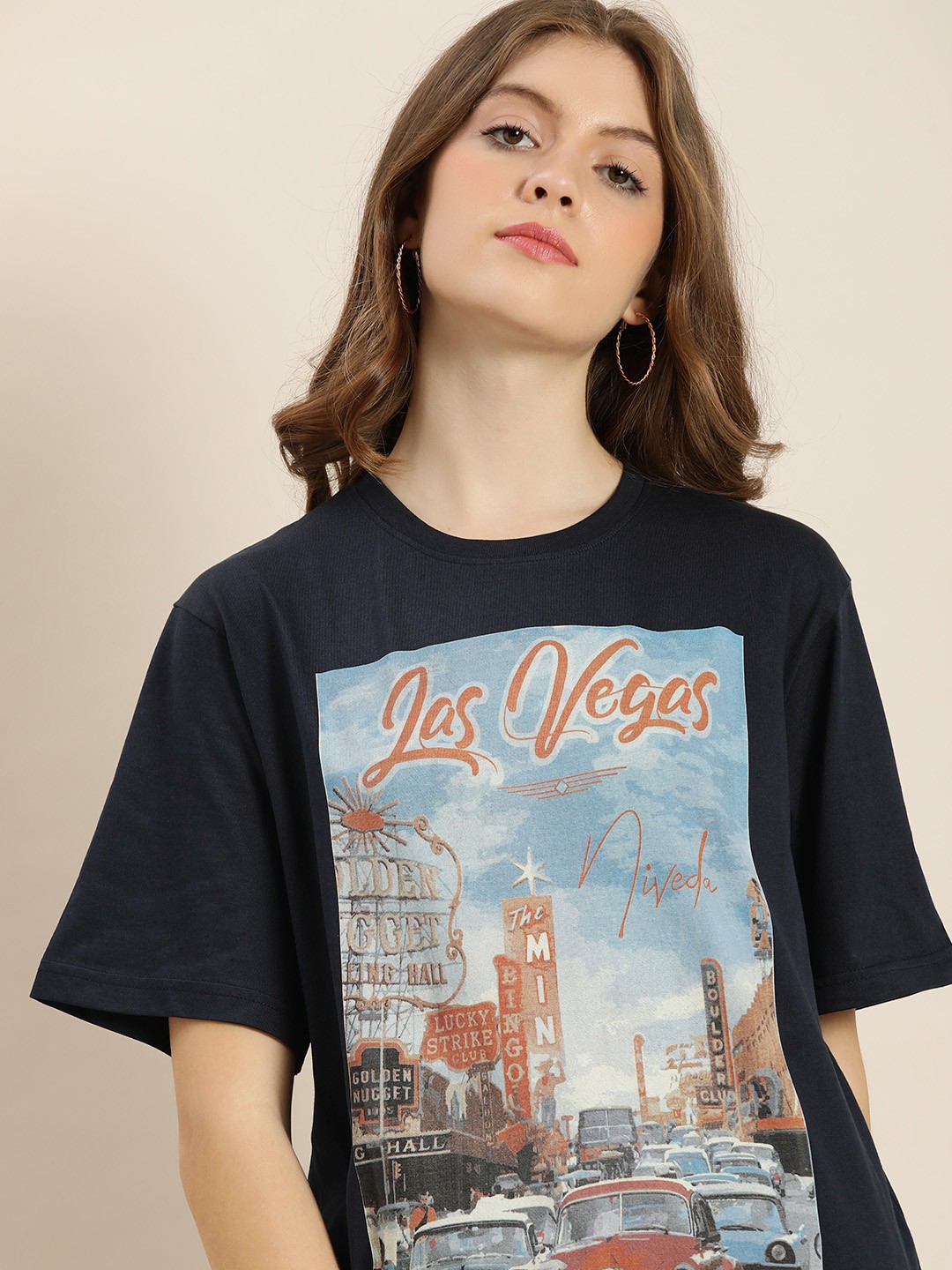 

DILLINGER Women Navy Blue Graphic Printed Pure Cotton Oversized T-shirt