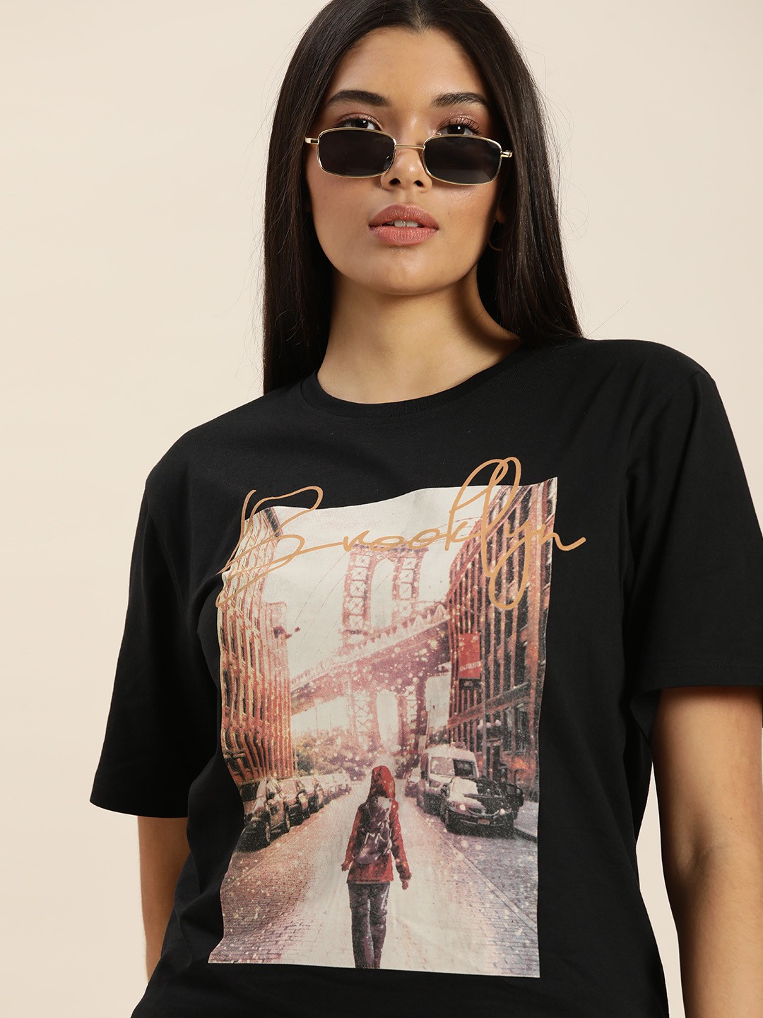 

DILLINGER Women Black Graphic Printed Pure Cotton Oversized Pure Cotton T-shirt