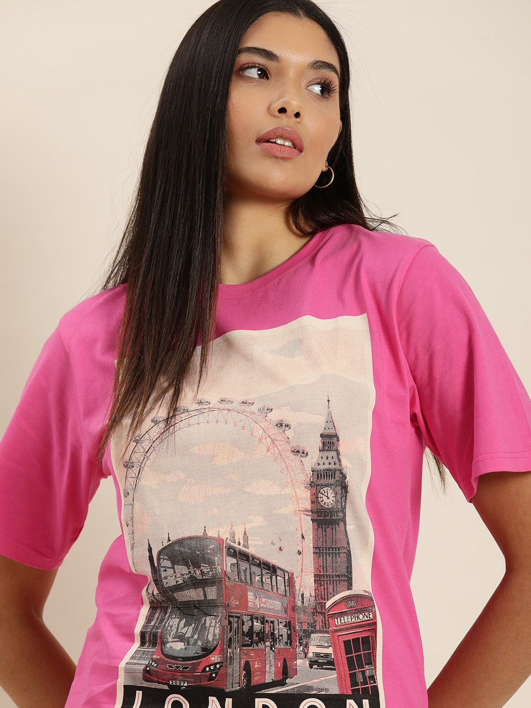 

DILLINGER Women Pink Graphic Printed Pure Cotton Oversized T-shirt