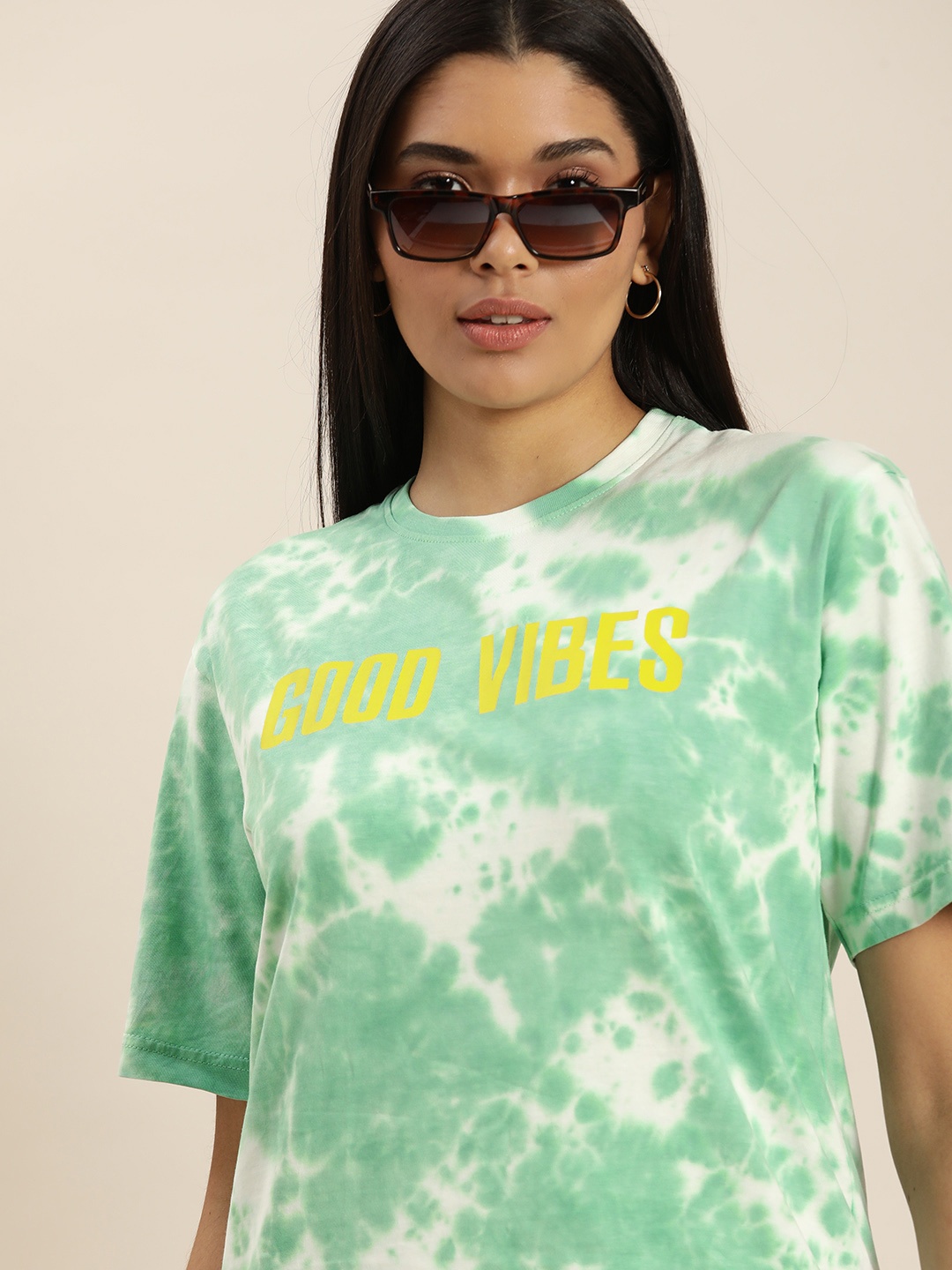 

DILLINGER Women Green White Tie and Dye Pure Cotton Oversized Pure Cotton T-shirt