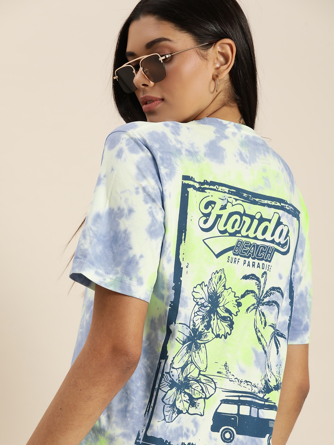 

DILLINGER Women Green Blue Tie and Dye Pure Cotton Oversized T-shirt