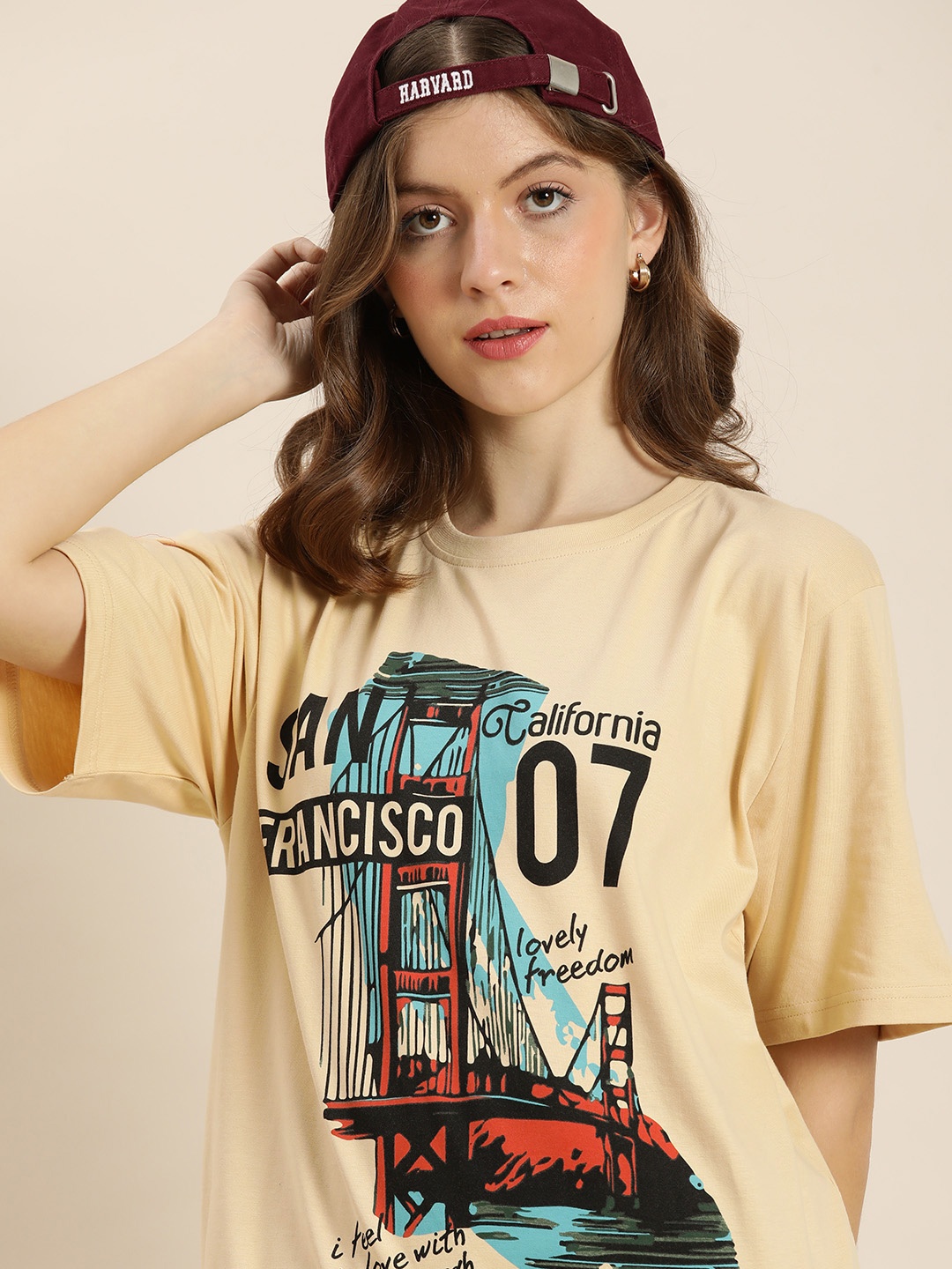 

DILLINGER Women Beige Graphic Printed Pure Cotton Oversized T-shirt