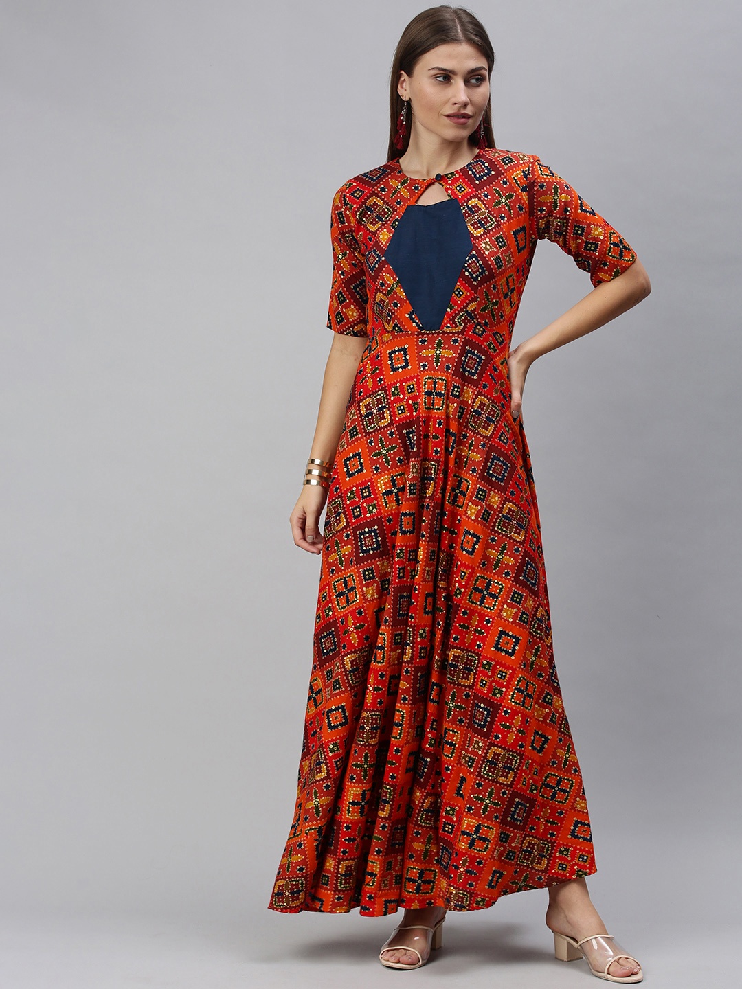 

Swishchick Orange & Navy Blue Ethnic Motifs Keyhole Neck Ethnic Maxi Dress