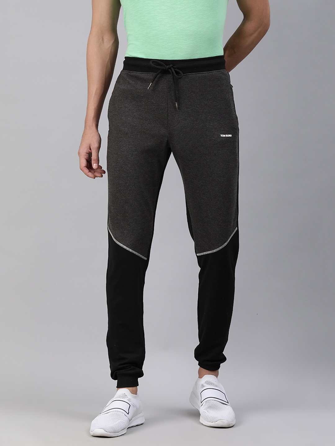 

TOM BURG Men Black & Charcoal Grey Colourblocked Sports Track Pants