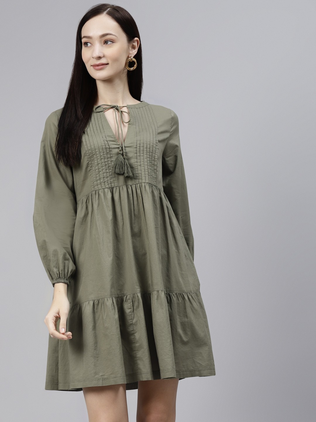 

Marks & Spencer Khaki Tie-Up Neck Linen A-Line Dress