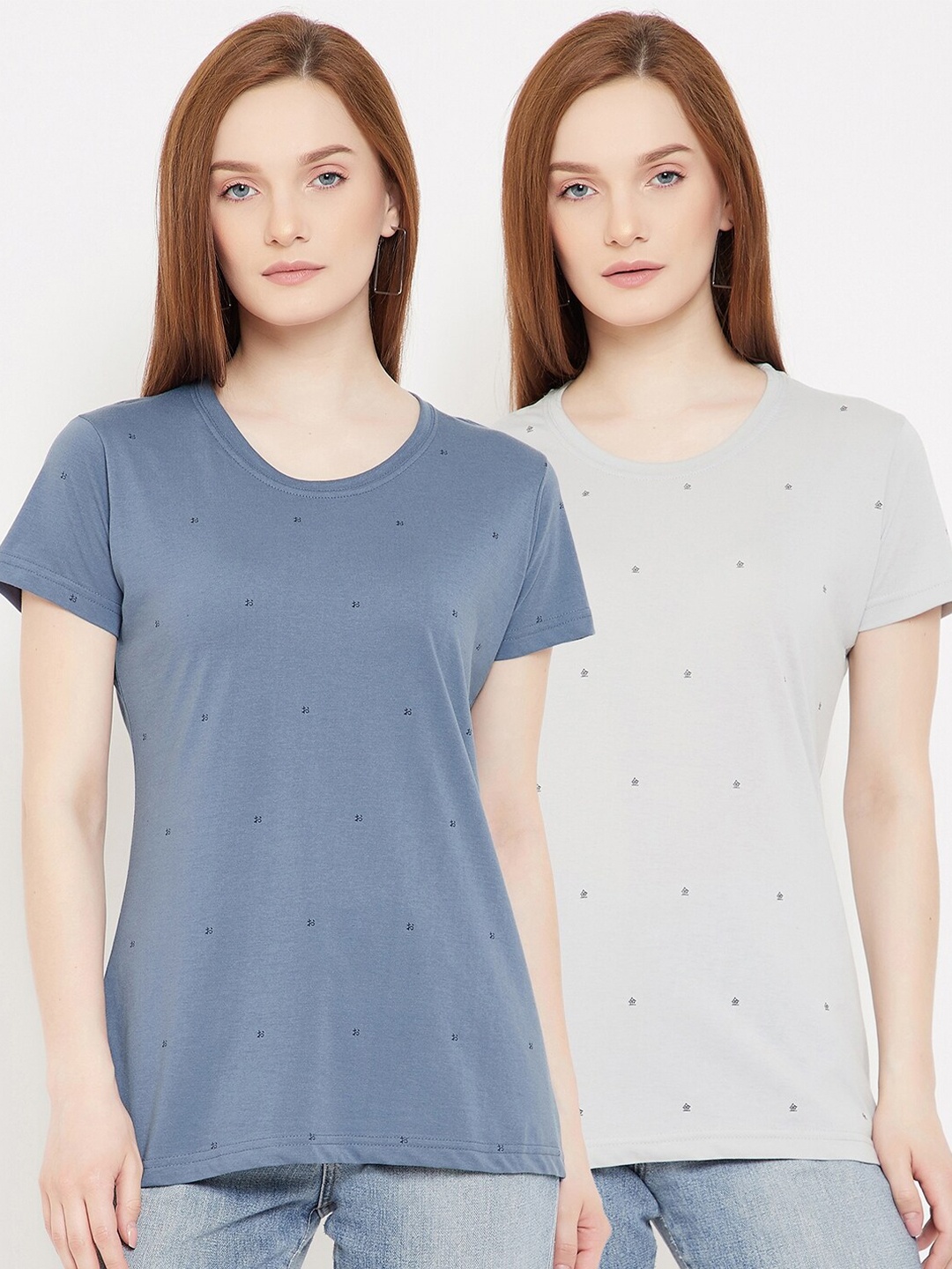 

Okane Women Pack Of 2 Grey & Blue Printed T-shirt