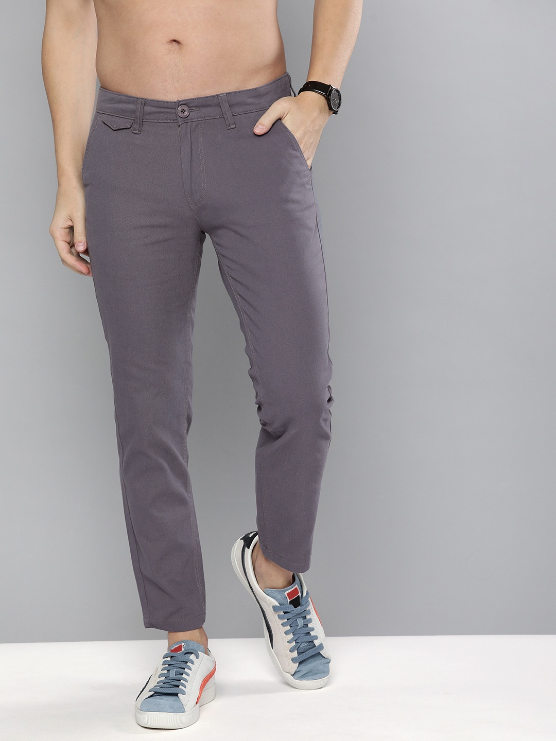 

HERE&NOW Men Grey Solid Slim Fit Trousers