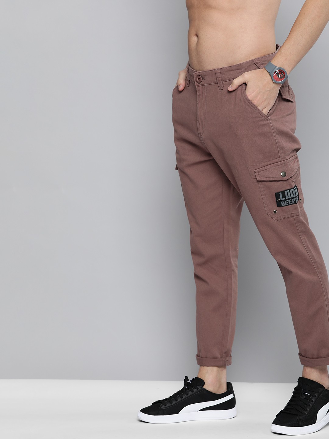 

HERE&NOW Men Brown Solid High-Rise Easy Wash Cargos Trousers