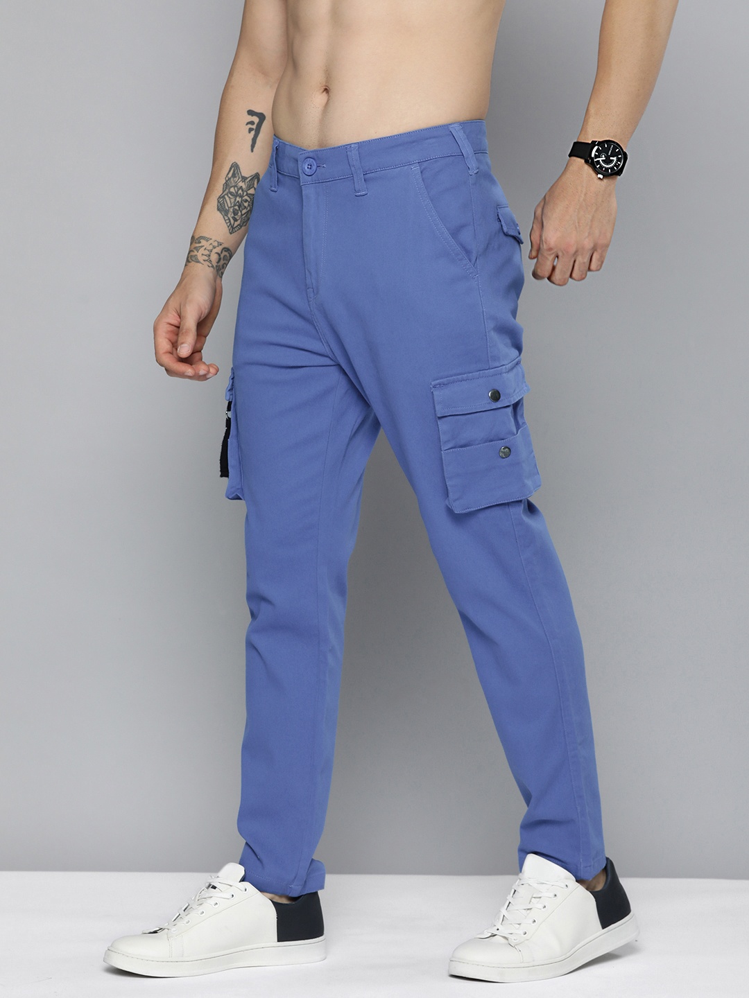 

HERE&NOW Men Blue Solid Slim Fit Cargos Trousers