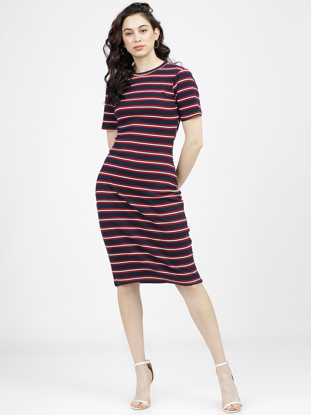 

Tokyo Talkies Navy Blue Striped Sheath Dress