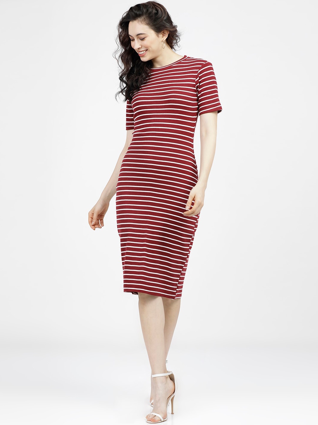

Tokyo Talkies Maroon Striped Bodycon Dress