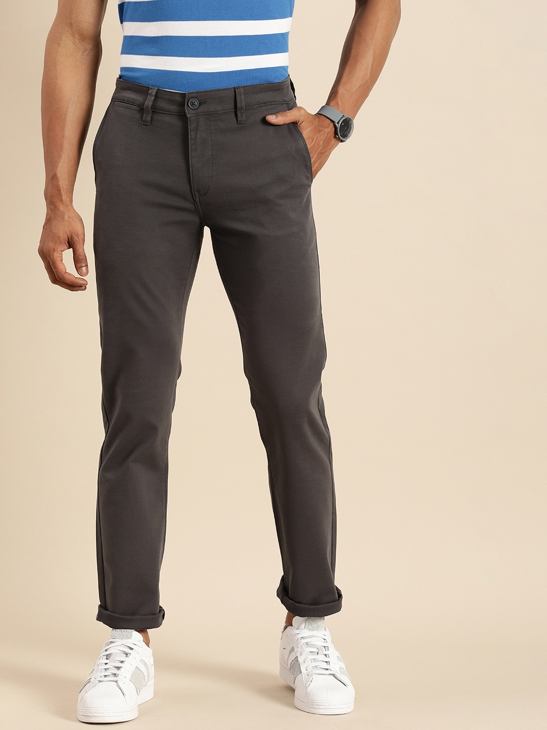 

Nautica Men Charcoal Grey Slim Fit Solid Regular Trousers
