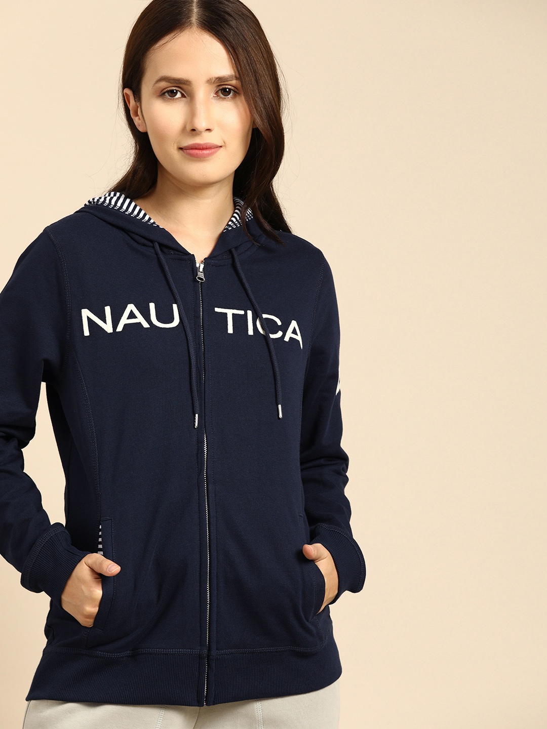 

Nautica Women Navy Blue Striped Hood Solid Sweatshirt