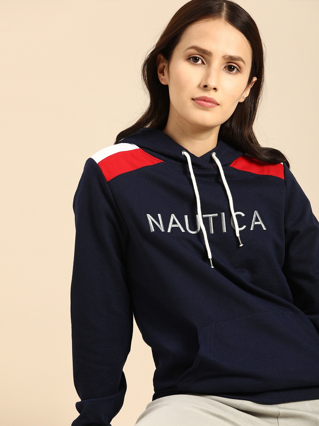 

Nautica Women Navy Blue Hooded Striped Shoulders Sweatshirt