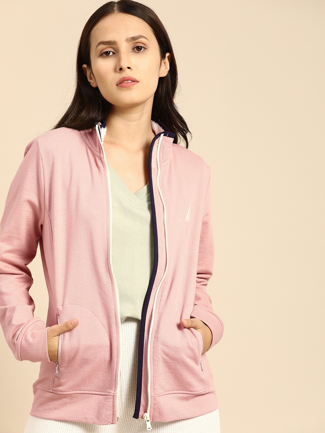 

Nautica Women Pink Mock Collar Solid Sweatshirt