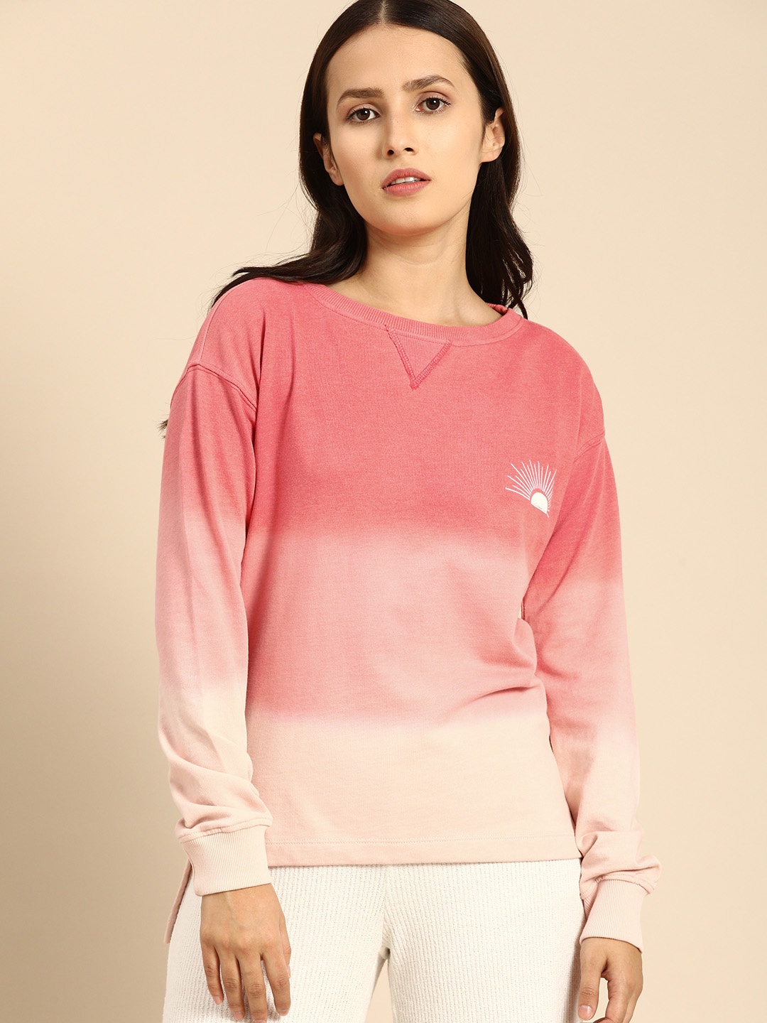 

Nautica Women Dark Pink Hooded Striped Hood Solid Sweatshirt