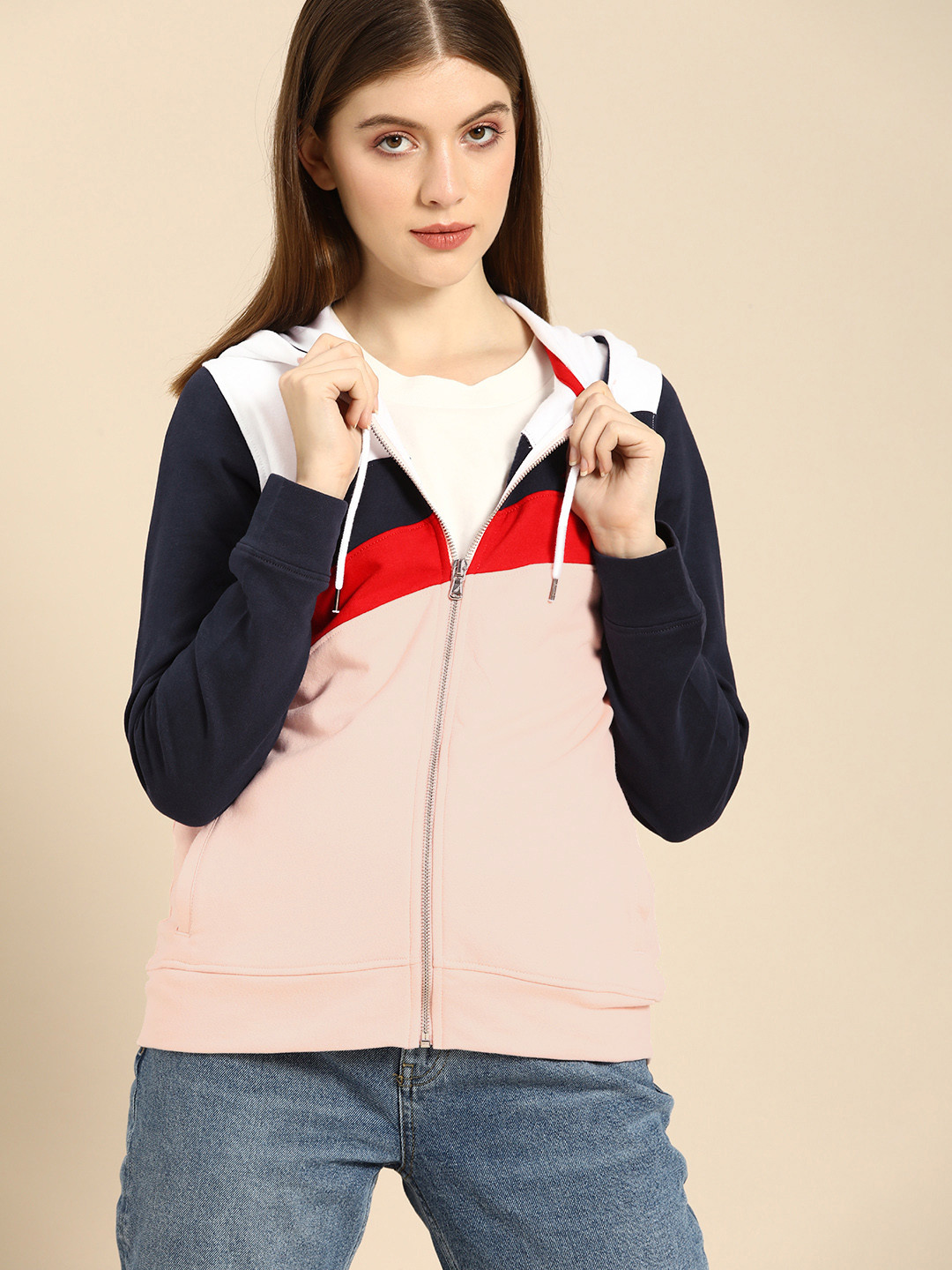 

Nautica Women Pink & White Colourblocked Hooded Front-Open Sweatshirt