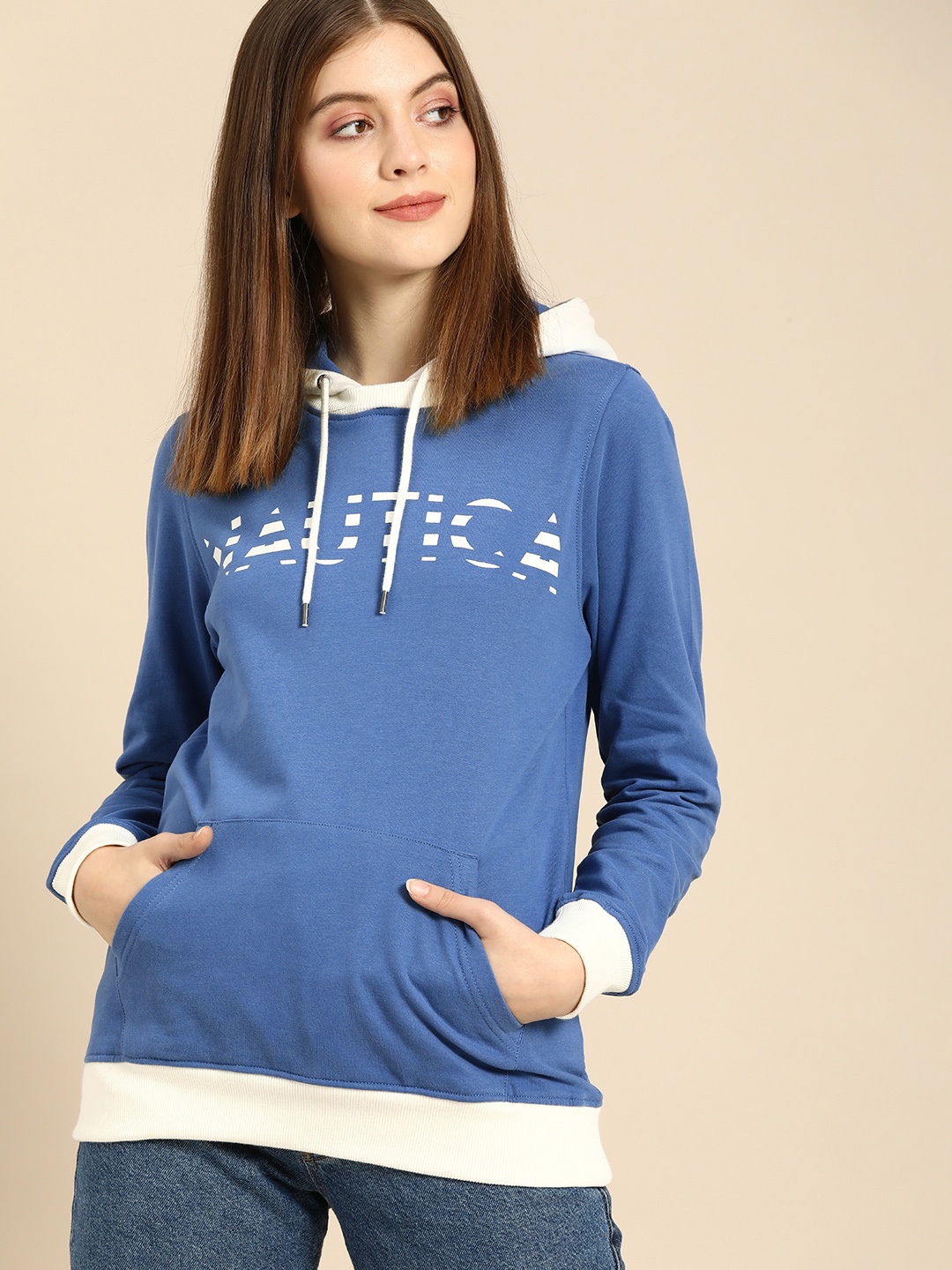 

Nautica Women Blue Printed Hooded Sweatshirt