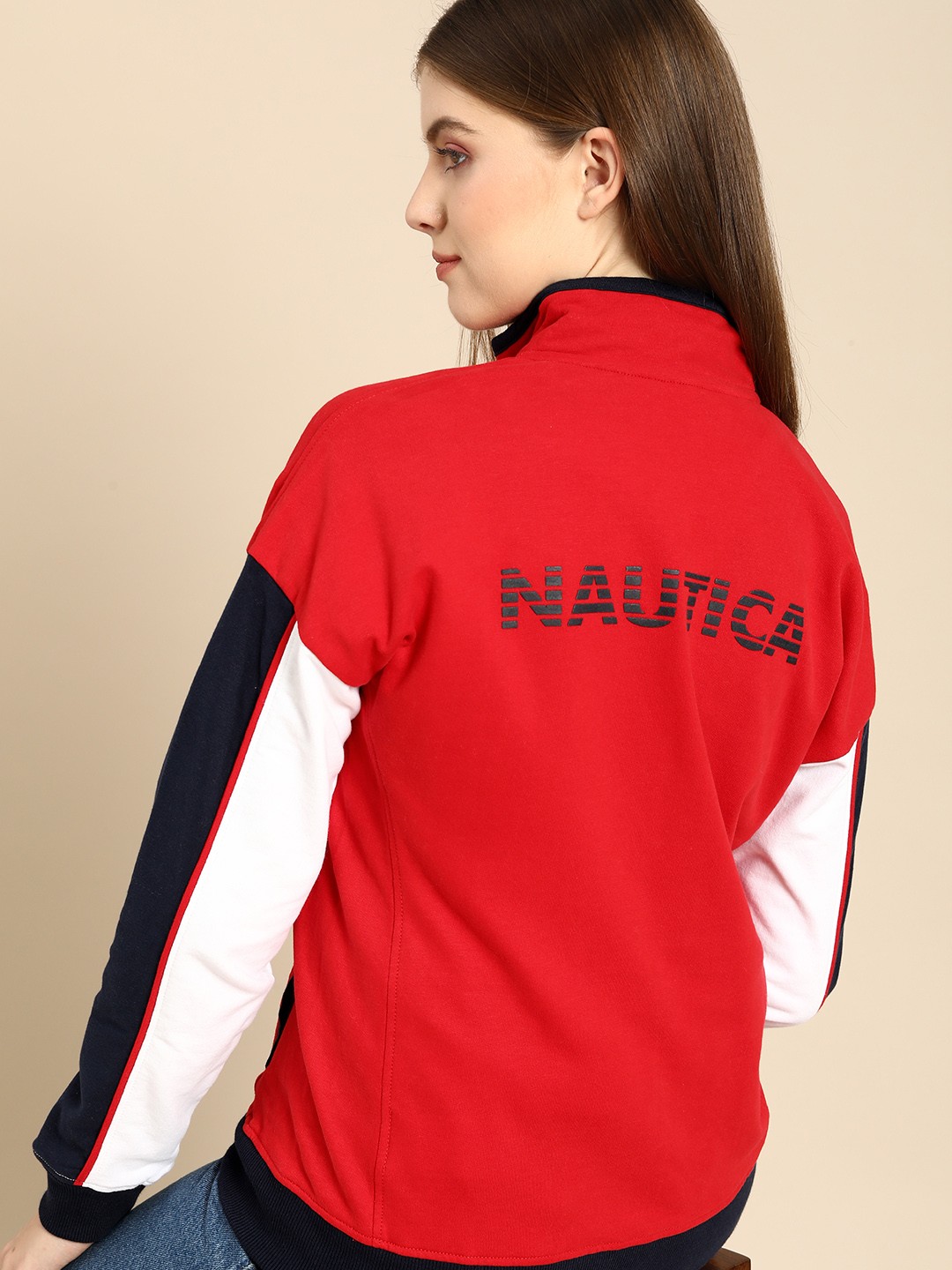 

Nautica Women Red Back Printed Contrast Sleeves Front-Open Sweatshirt