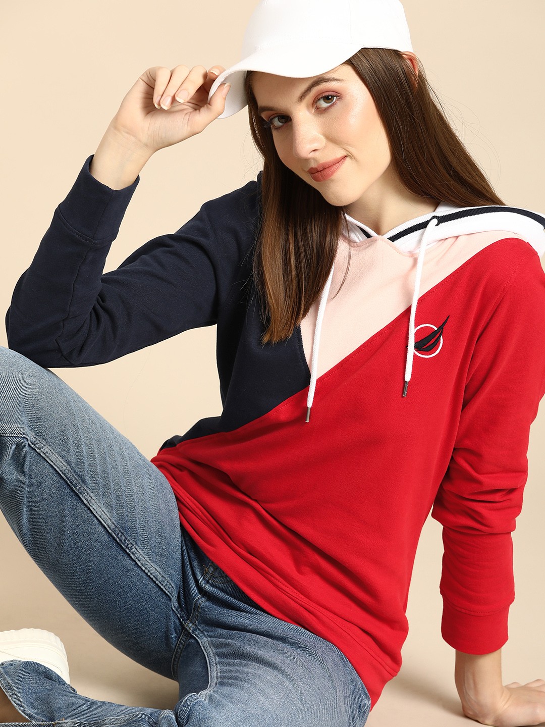 

Nautica Women Red & Navy Blue Colourblocked Hooded Sweatshirt