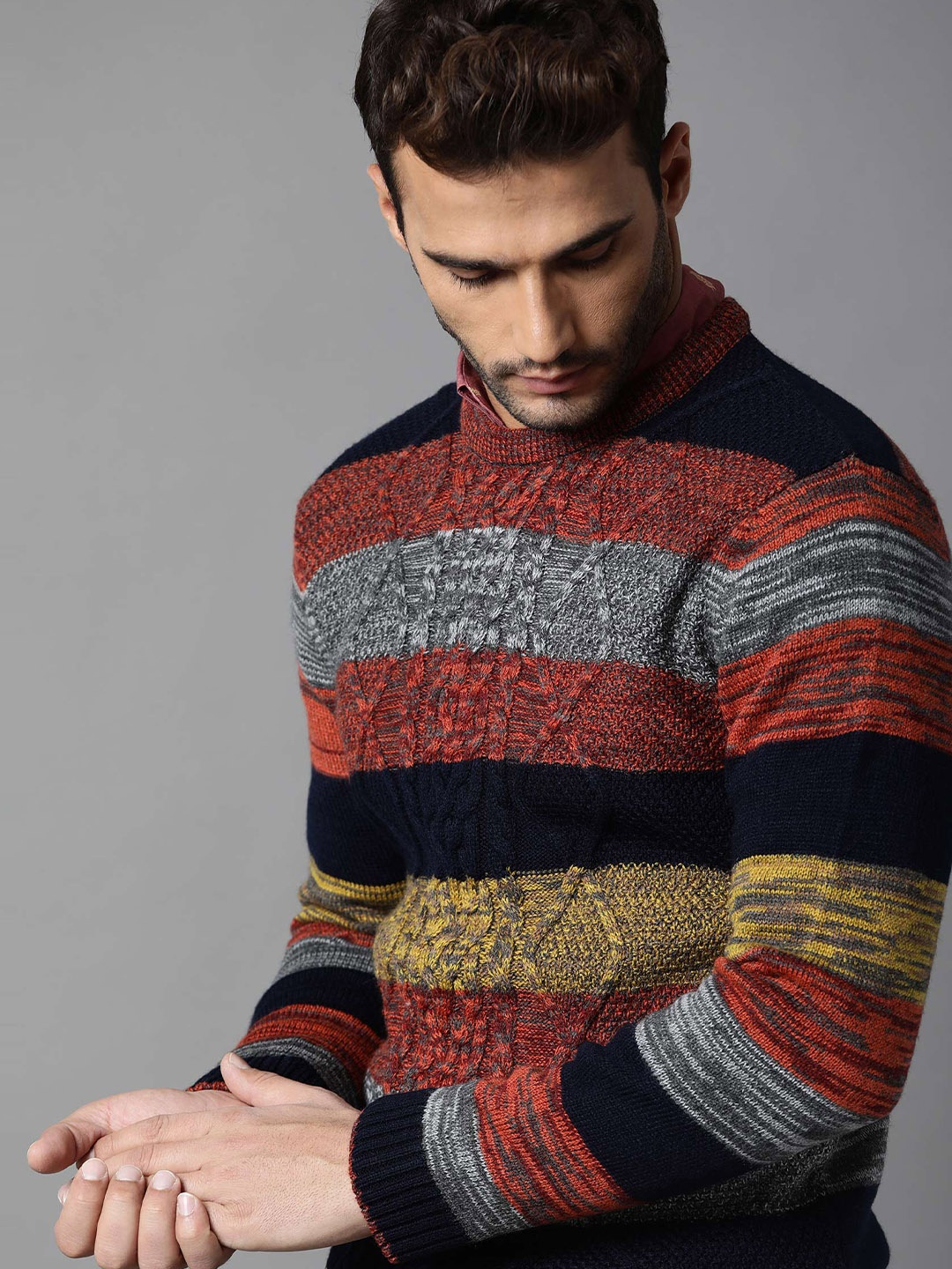 

RARE RABBIT Men Grind Slim Fit Cable Knit Striped Sweater, Navy blue