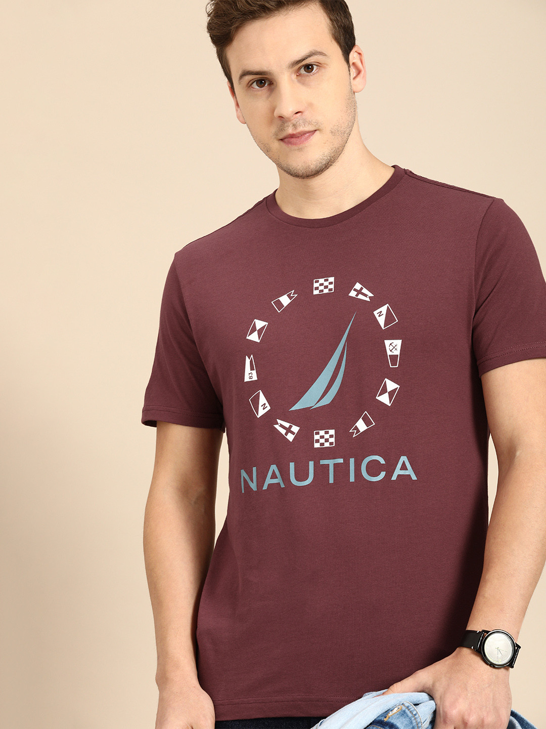 

Nautica Men Maroon Brand Logo Print Round Neck Pure Cotton T-shirt