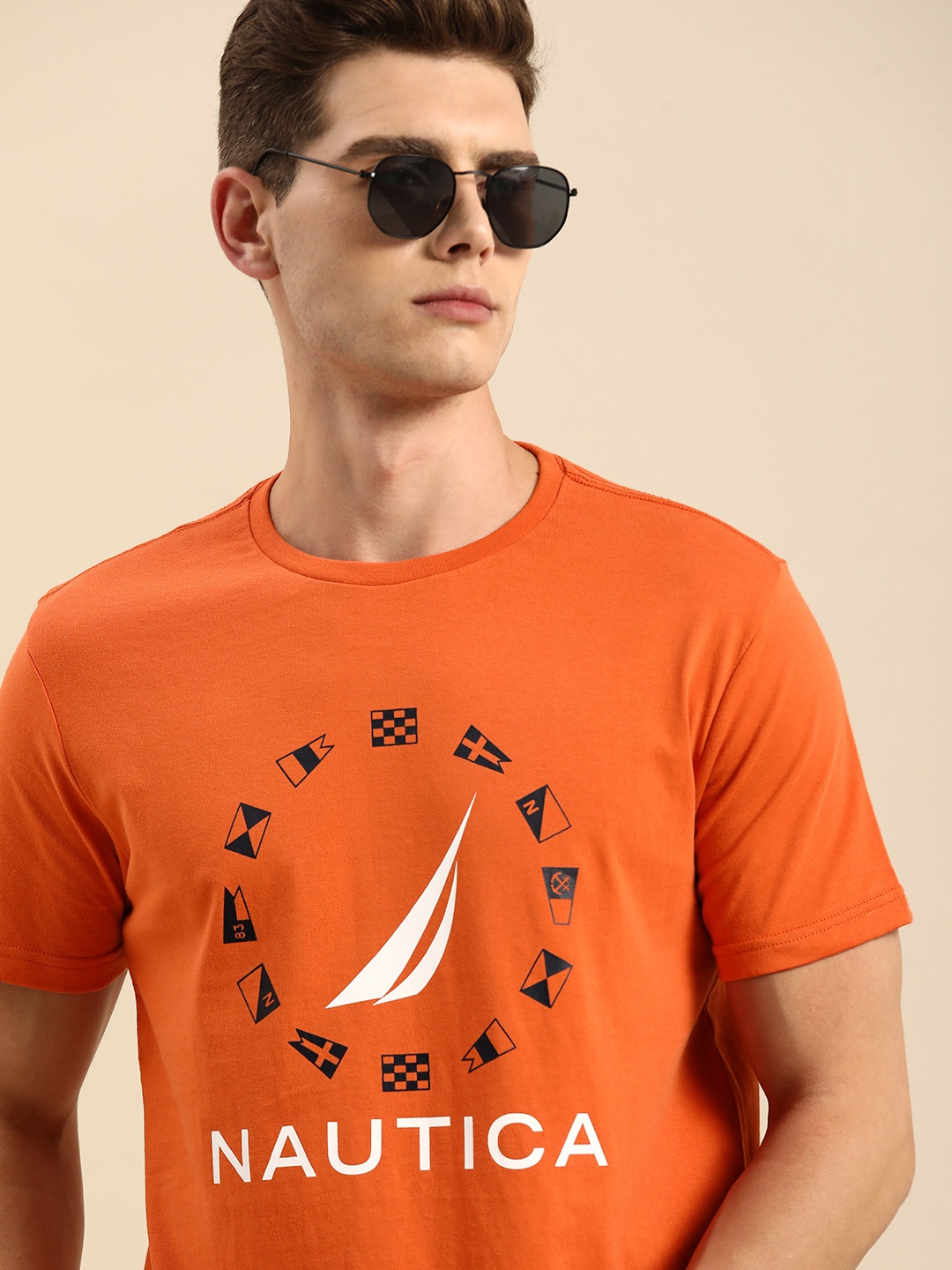 

Nautica Men Orange Brand Logo Printed Pure Cotton T-shirt