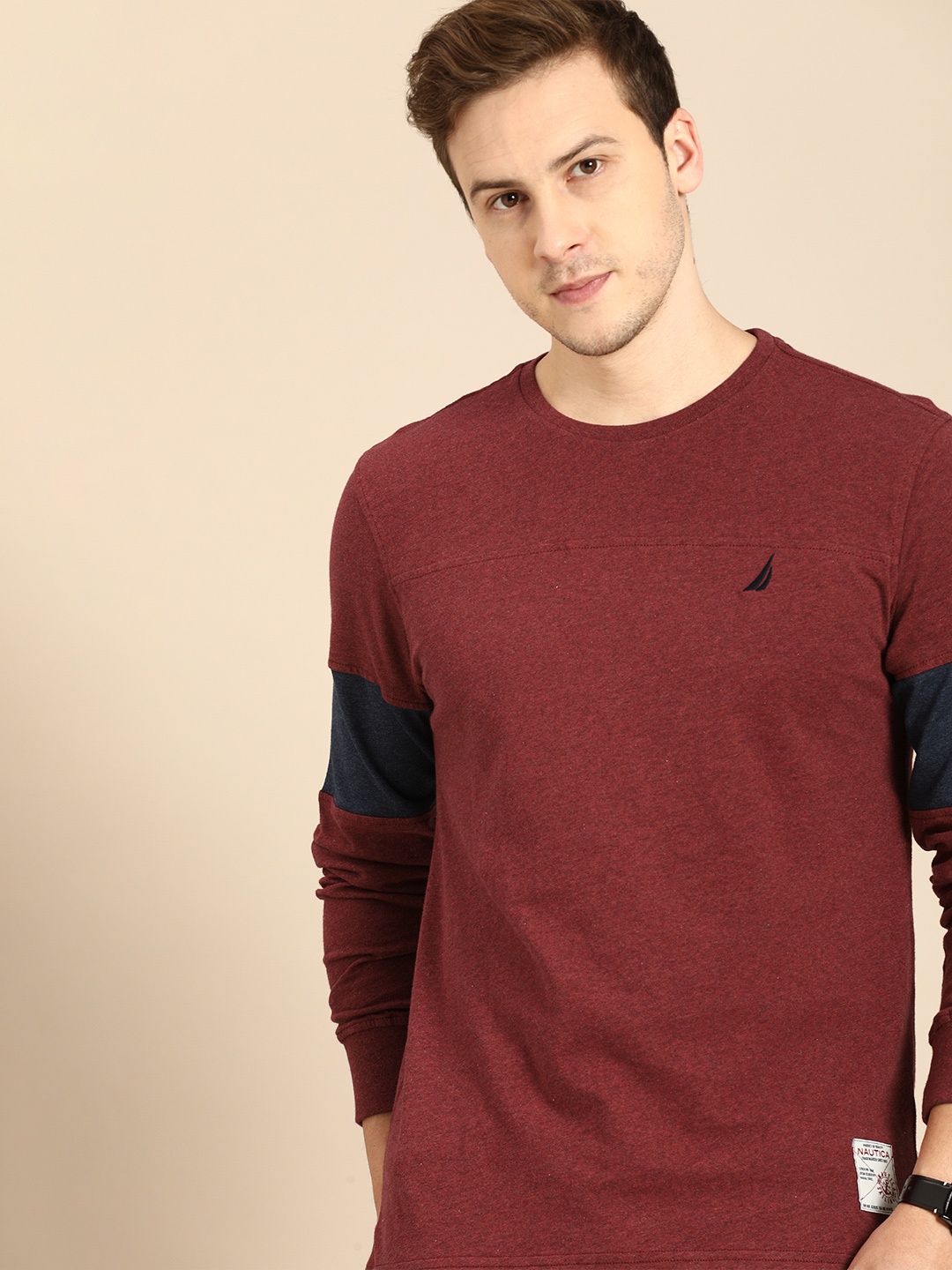 

Nautica Men Maroon Melange Effect Solid Pure Cotton T-shirt