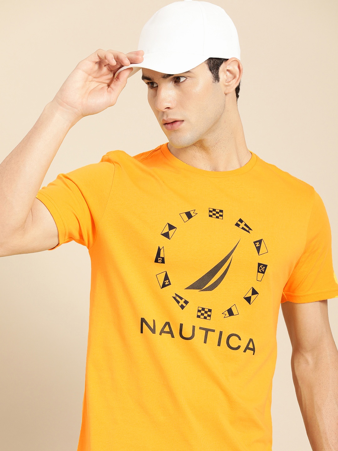 

Nautica Men Mustard Yellow Brand Logo Printed Round Neck Pure Cotton T-shirt