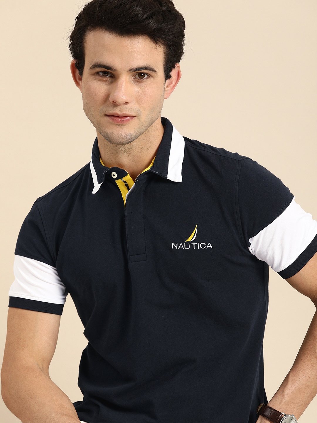 

Nautica Men Navy Blue Contrast Sleeves Polo Collar T-shirt