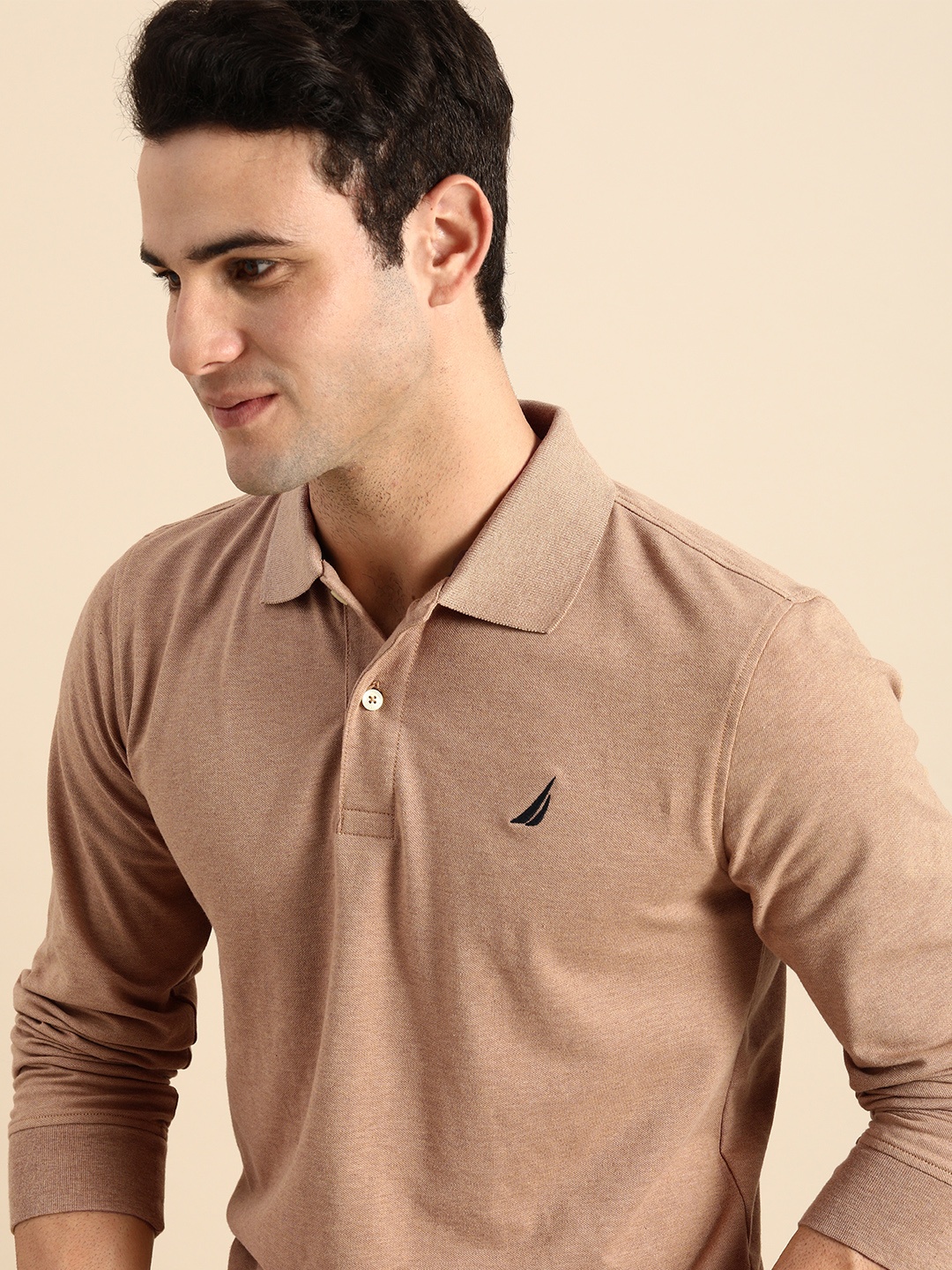 

Nautica Men Beige Solid Polo Collar Regular Fit Casual T-shirt