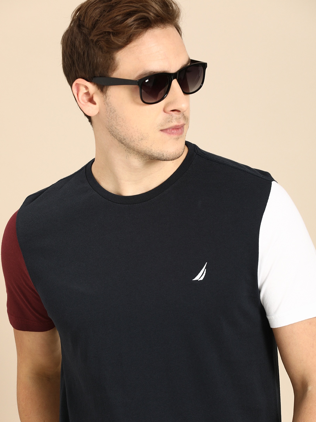 

Nautica Men Navy Blue Contrast Sleeves Pure Cotton T-shirt