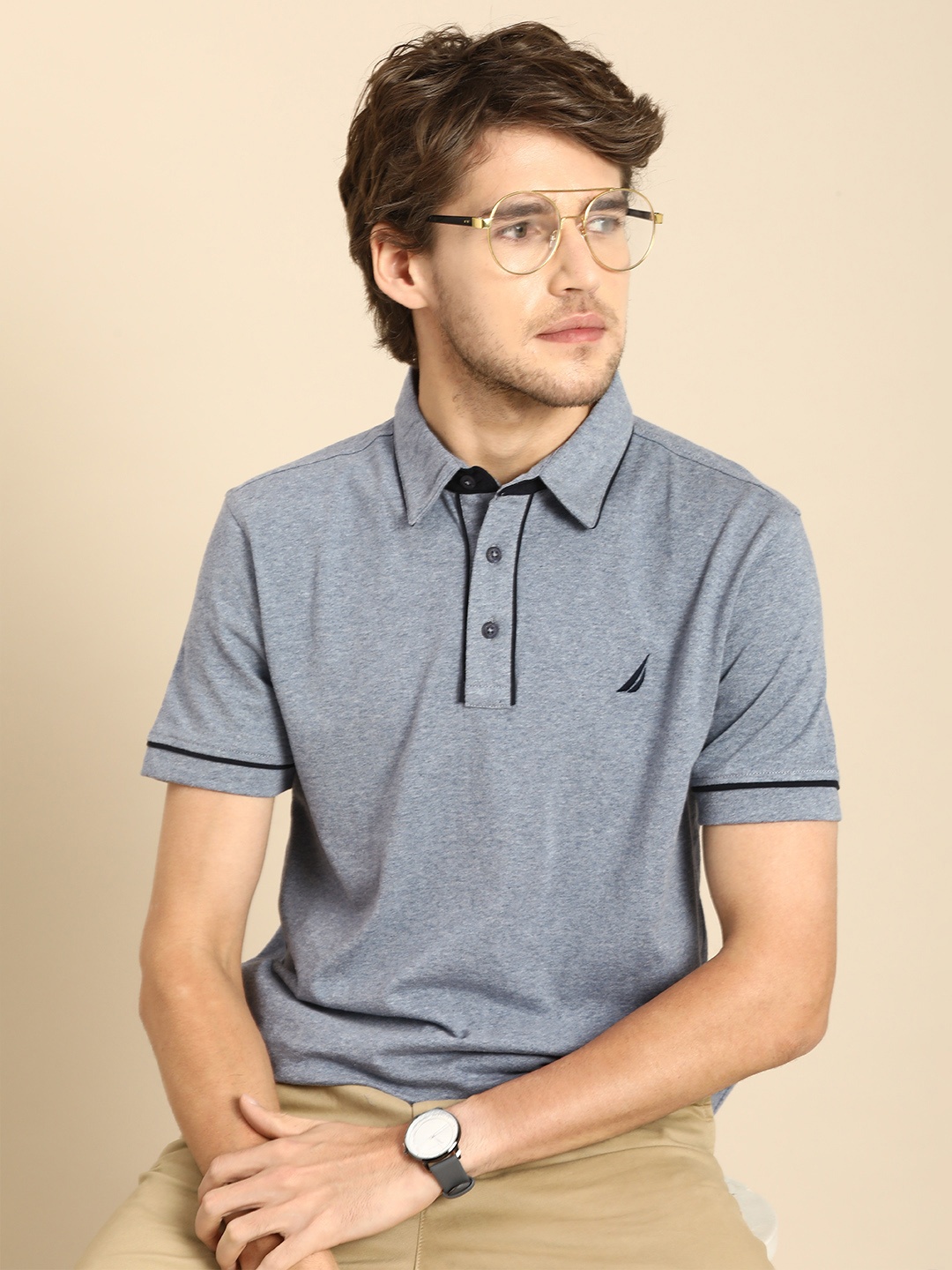 

Nautica Men Blue Solid Polo Collar T-shirt