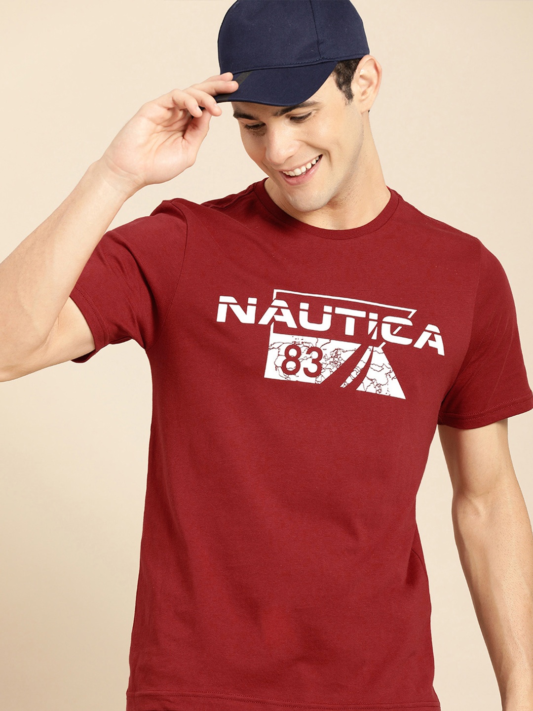 

Nautica Men Rust Red Brand Logo Printed Pure Cotton T-shirt