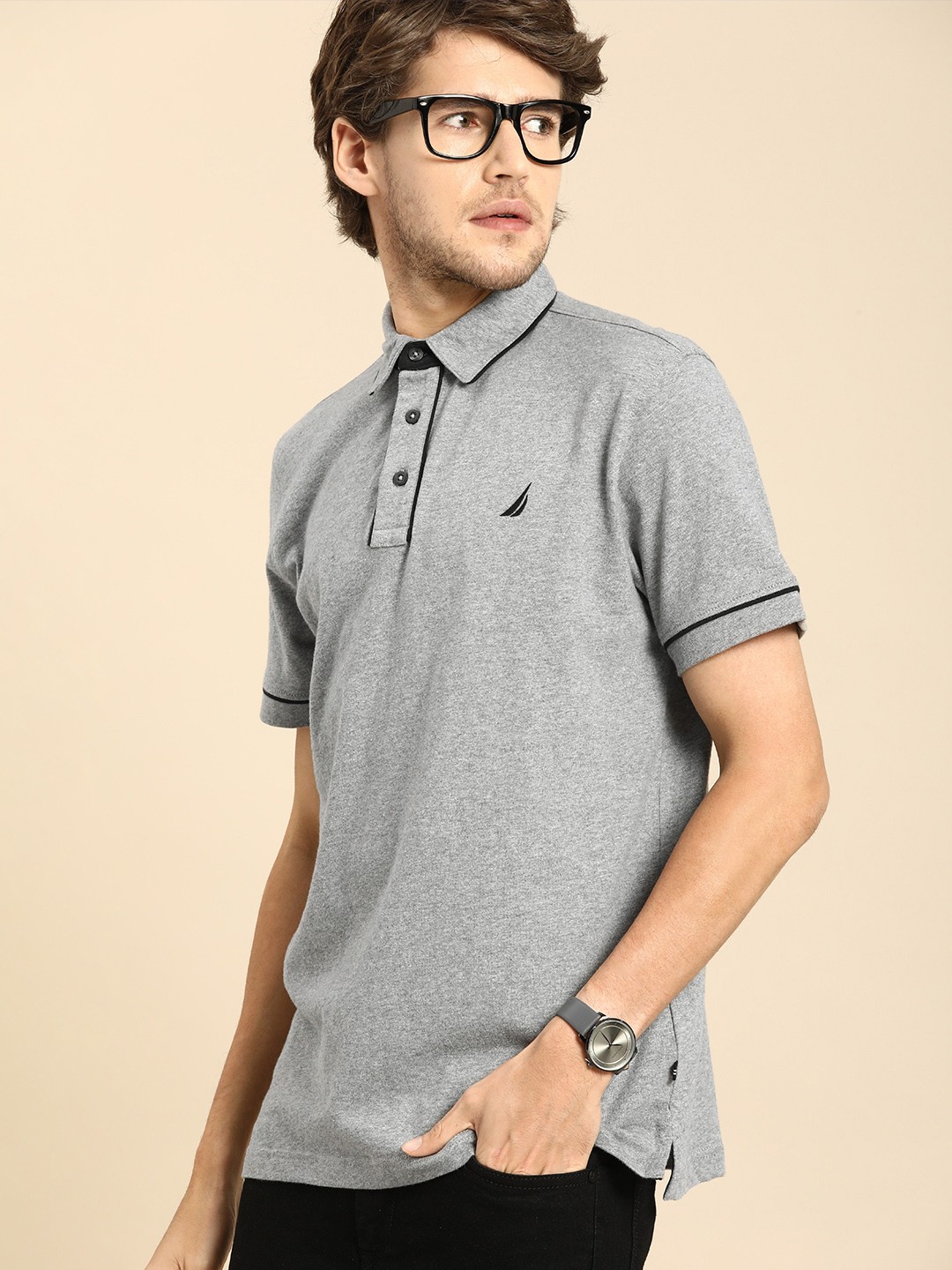 

Nautica Men Grey Melange Solid Polo Collar Pure Cotton T-shirt