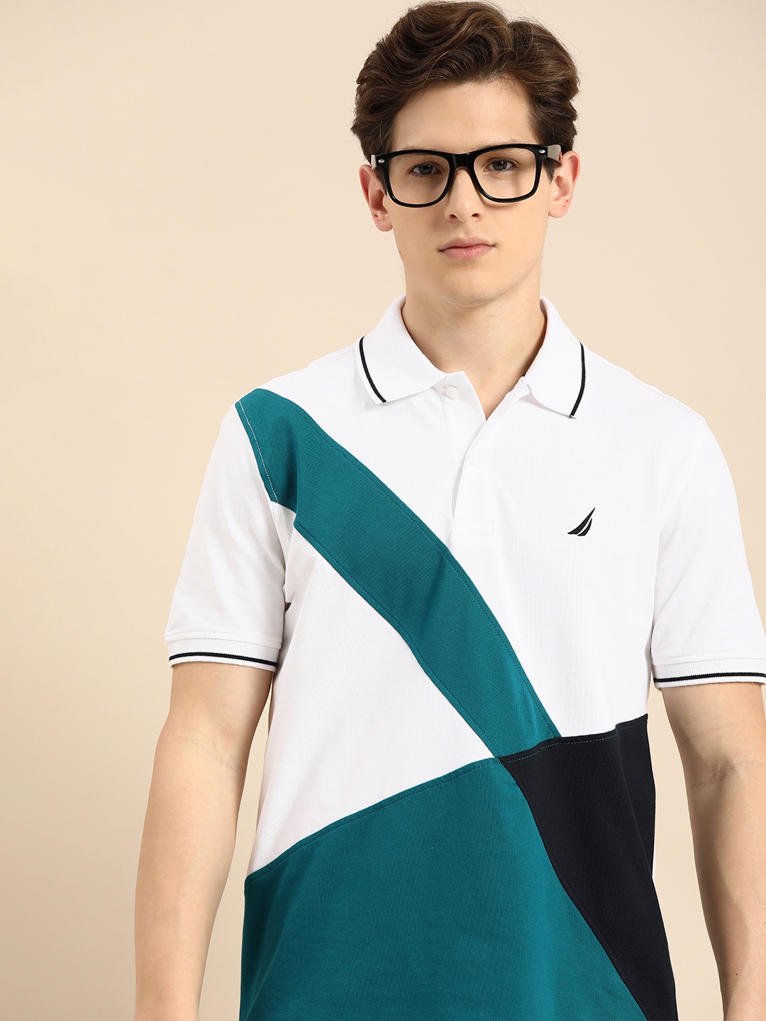 

Nautica Men White & Teal Blue Colourblocked Polo Collar T-shirt