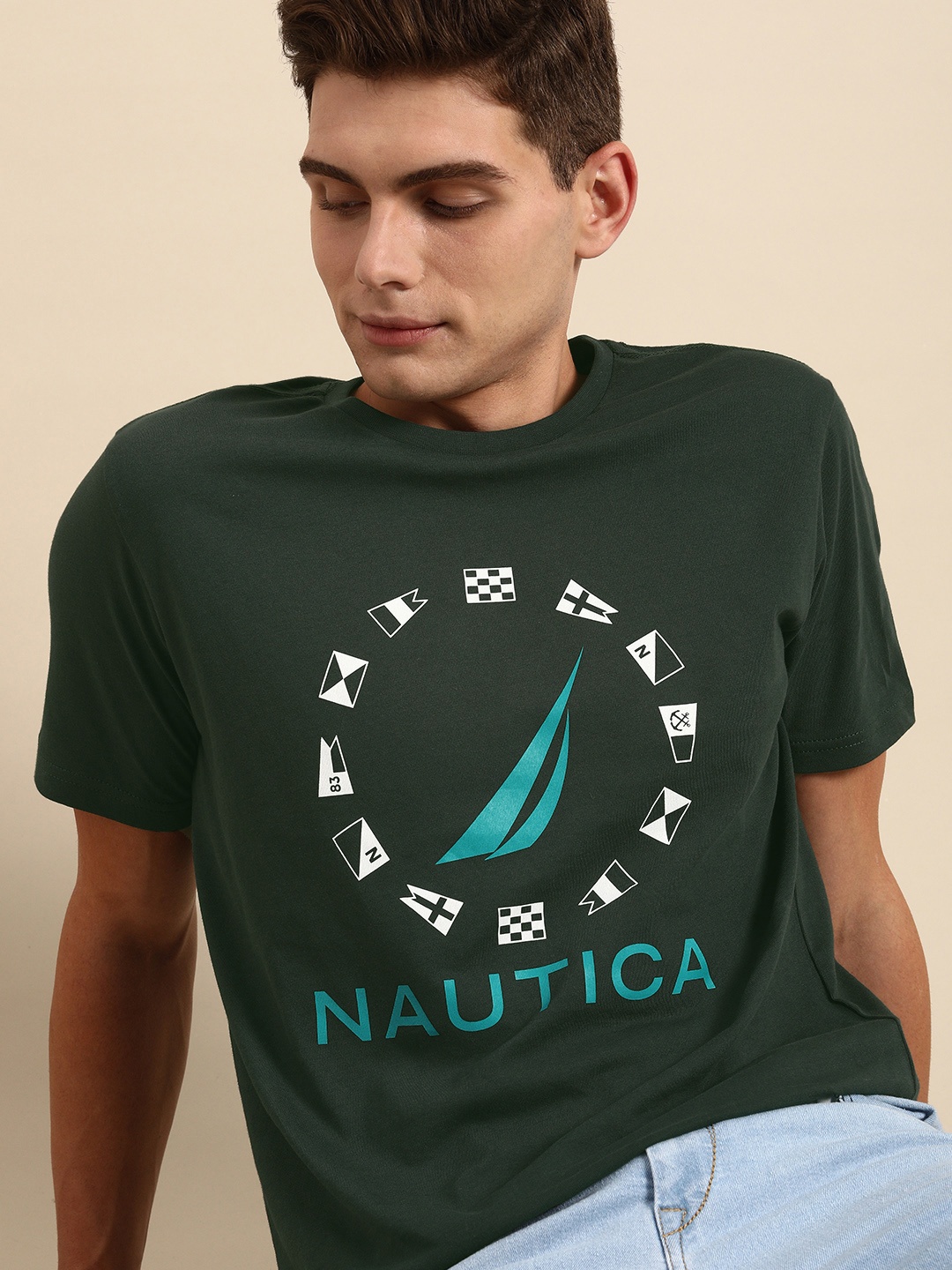 

Nautica Men Green Brand Logo Print Round Neck Pure Cotton T-shirt
