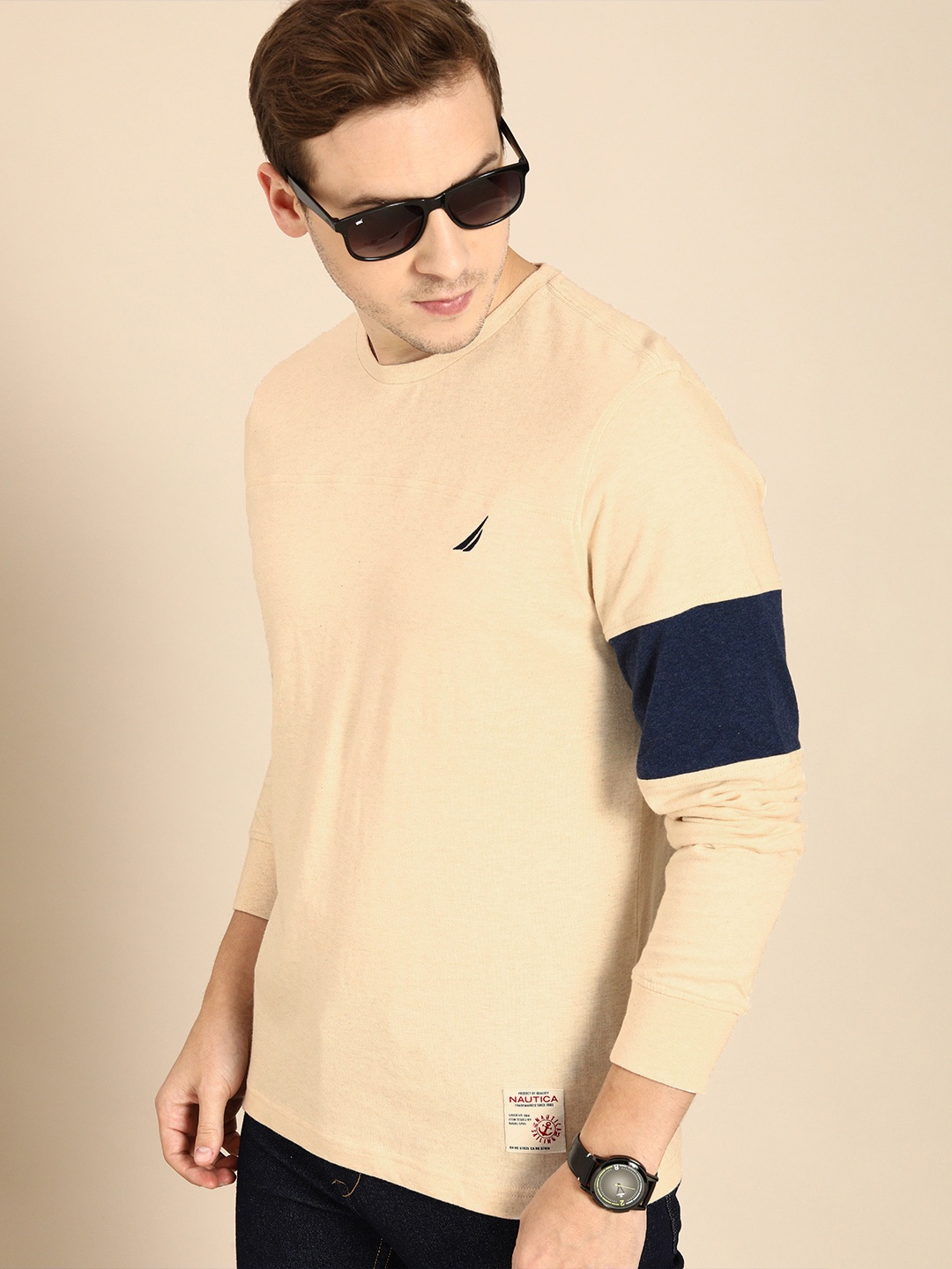 

Nautica Men Cream-Coloured Solid Pure Cotton T-shirt
