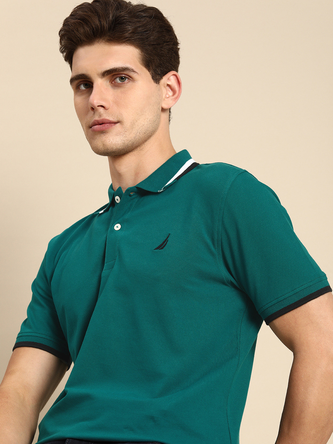 

Nautica Men Teal Green Self-Designed Polo Collar Casual T-shirt