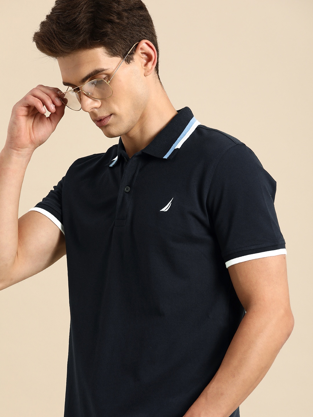 

Nautica Men Navy Blue Solid Polo Collar Slim Fit T-shirt