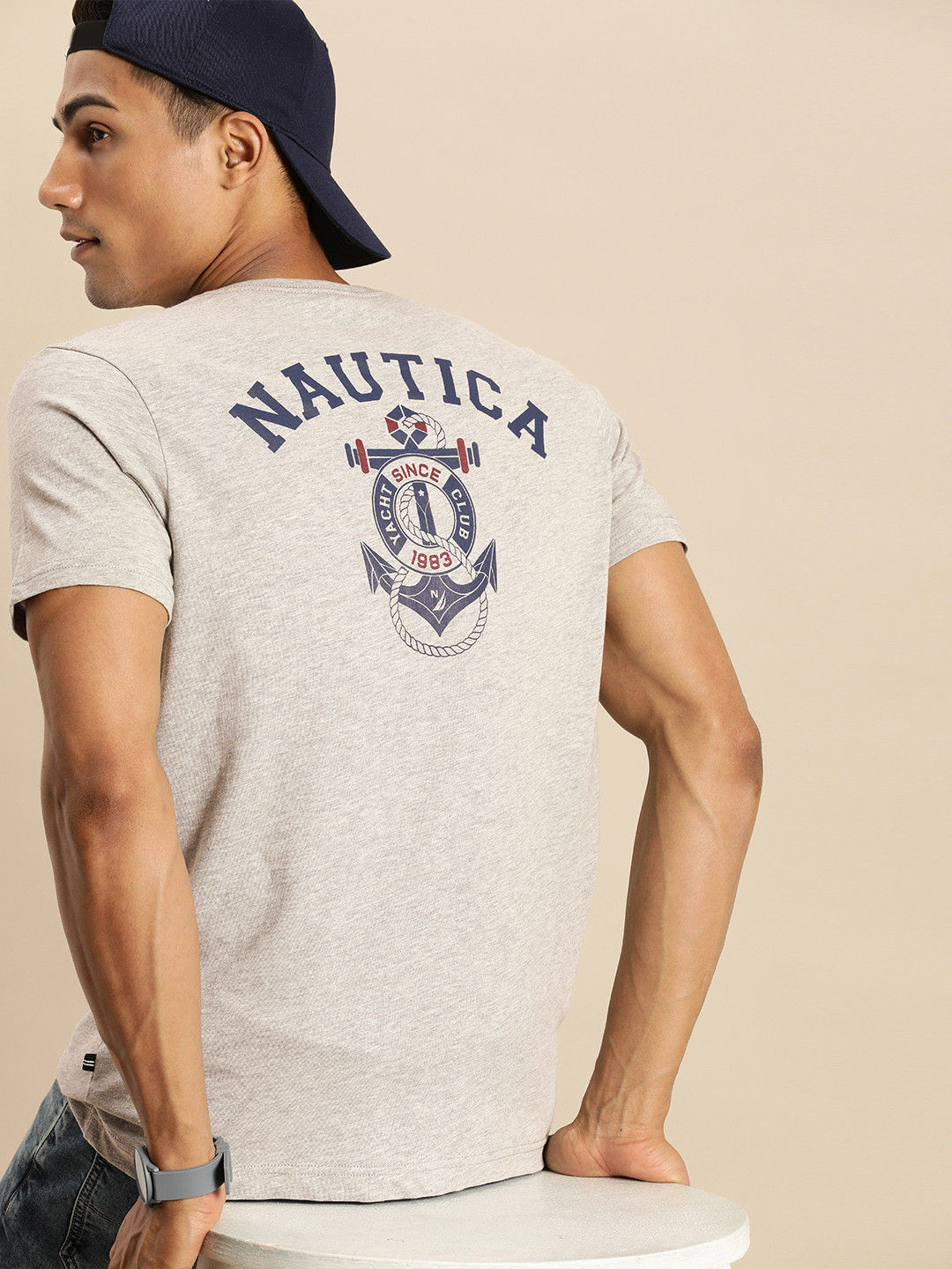 

Nautica Men Grey Melange Brand Logo Printed Polo Collar T-shirt