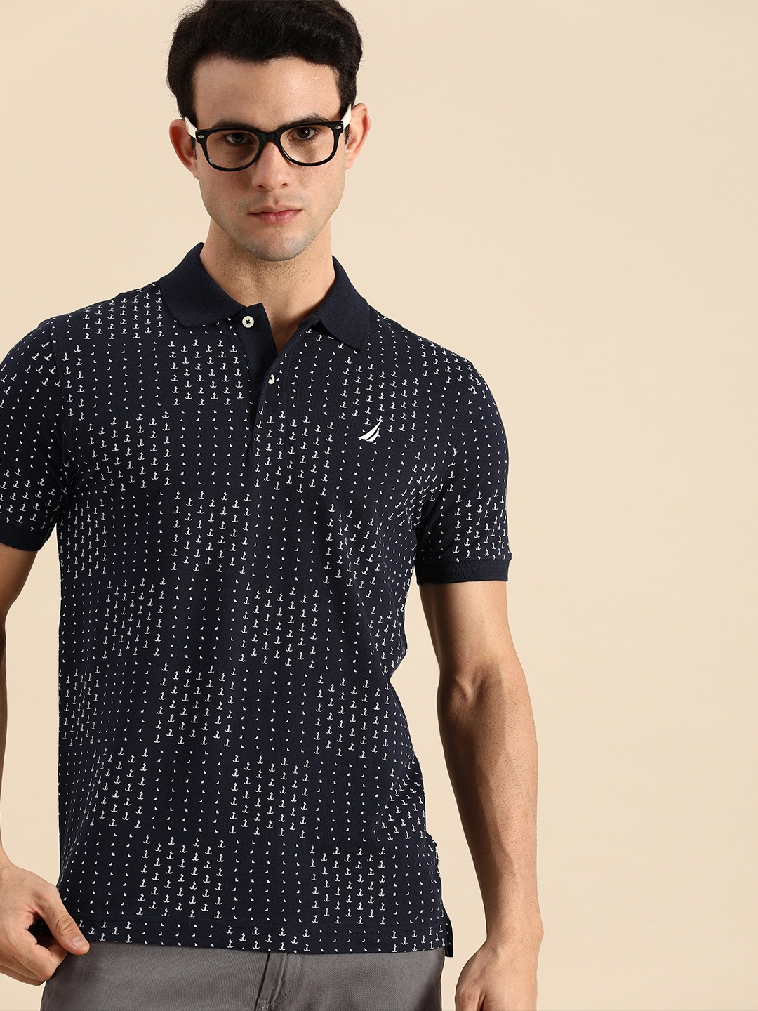 

Nautica Men Navy Blue & White Geometric Print Polo Collar Slim Fit Casual T-shirt